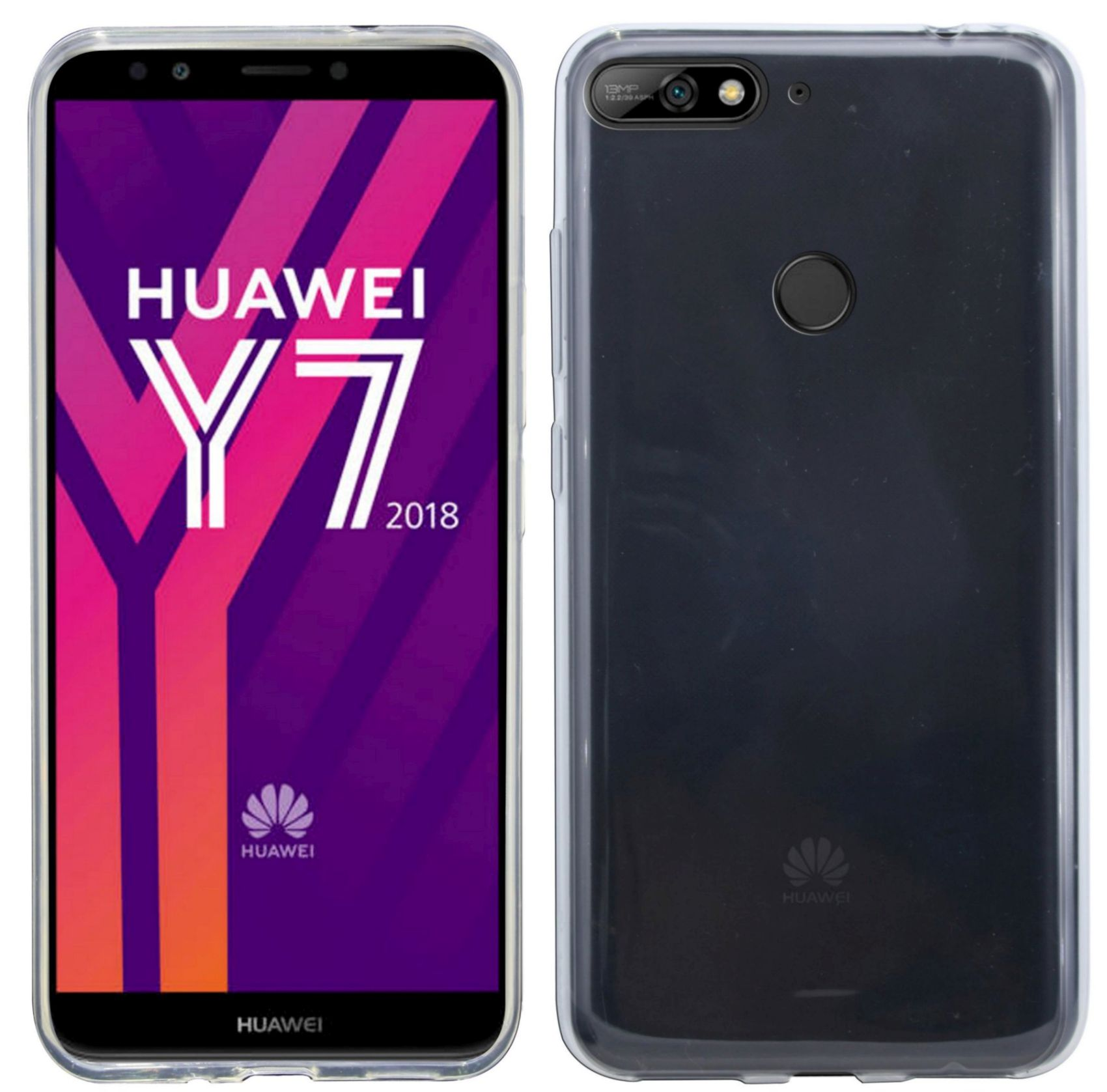 Ein Telefon mit einer durchsichtigen Hülle. Der Bildschirm zeigt den Text HUAWEI Y7 2018.