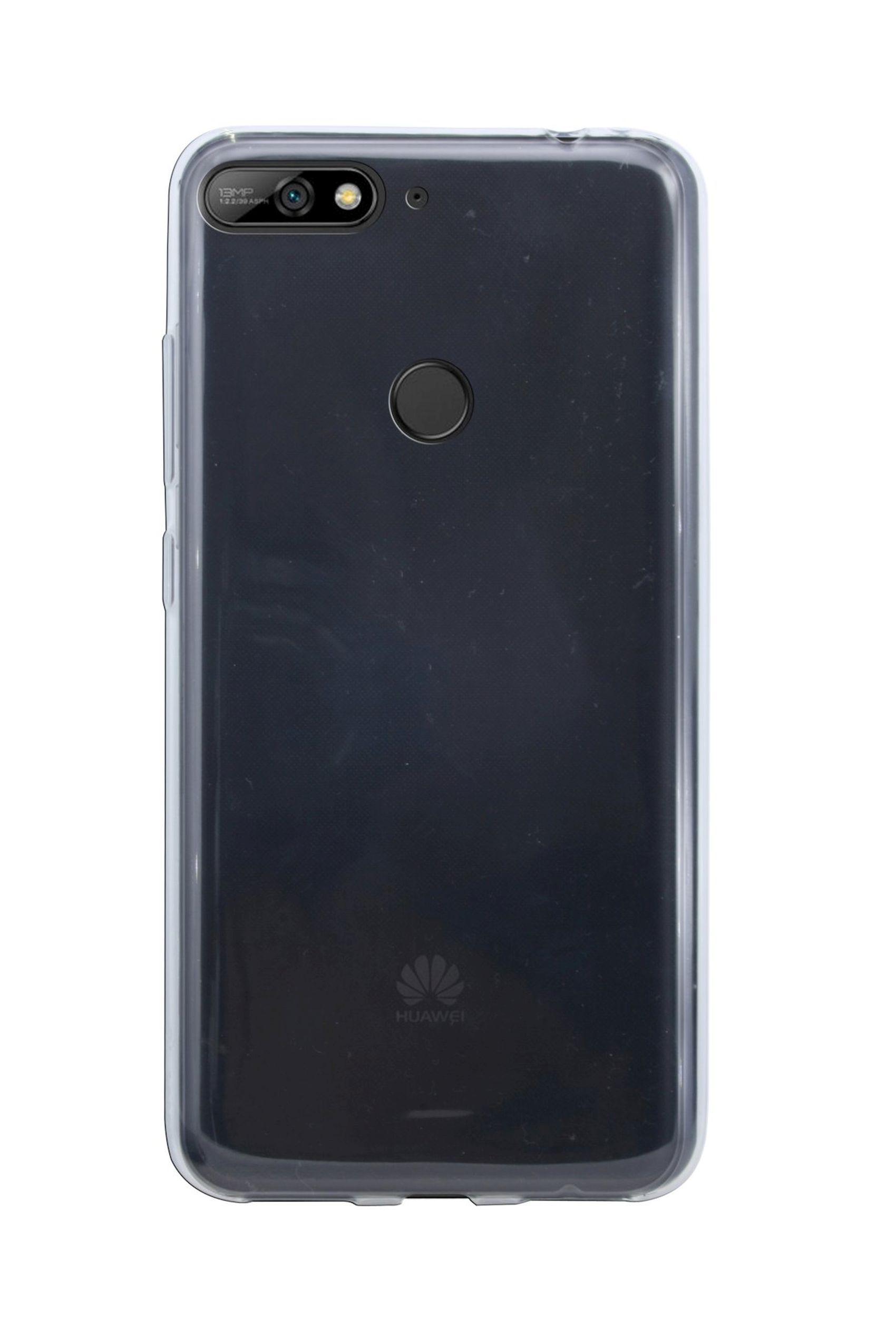 Ein Smartphone in einer durchsichtigen Hülle. Die Rückseite des Telefons ist schwarz, mit dem Huawei-Logo und Kamera.