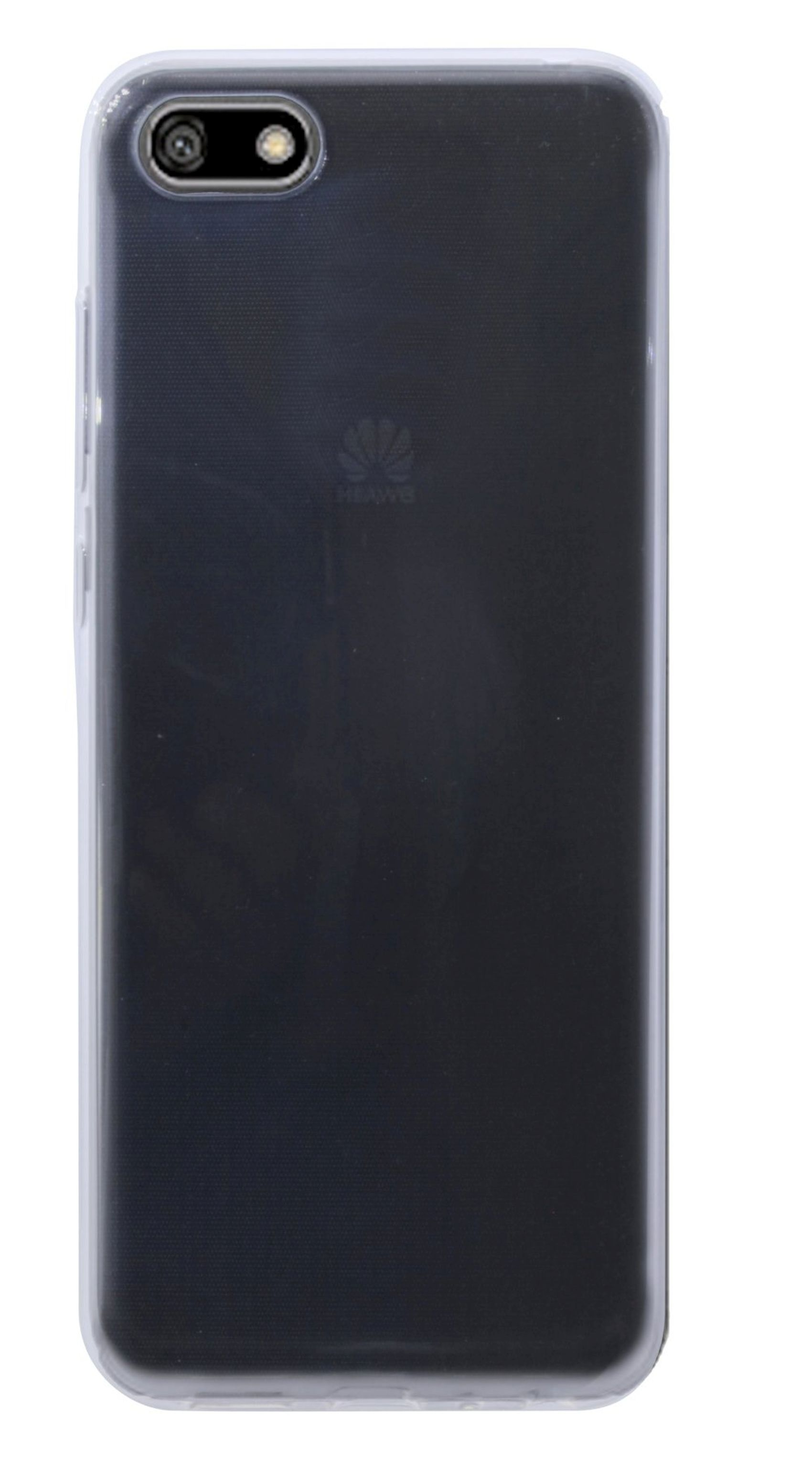 Eine transparente Handyhülle, die ein schwarzes Handy mit Kamera und Huawei-Logo zeigt.
