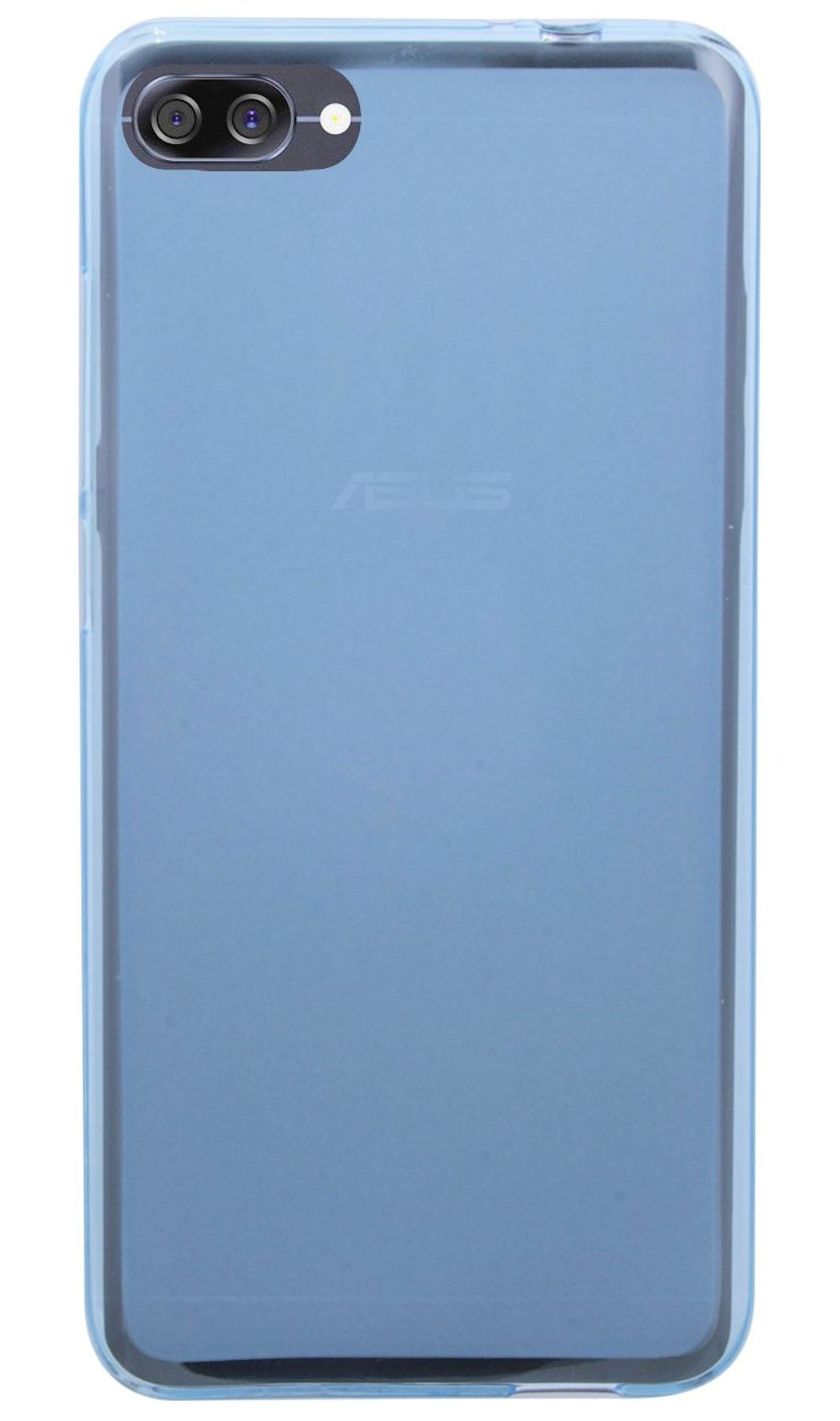 Blaue Handyhülle mit ASUS-Logo. Doppelkameras und ein Blitz sind sichtbar.
