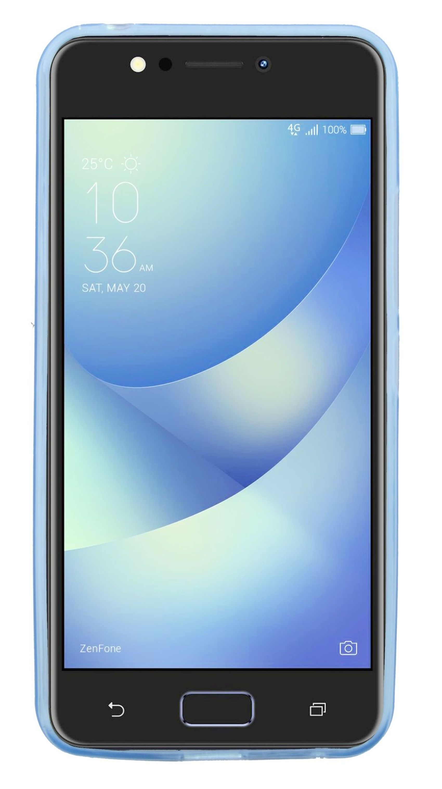 Schwarzes Smartphone mit blauem Gehäuse, das Uhrzeit und Datum anzeigt.