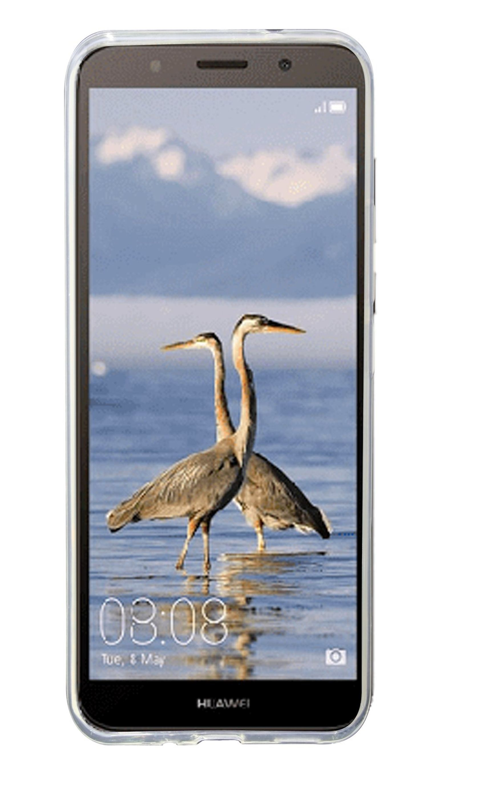 Smartphone, der zwei Reiher im Wasser zeigt. Das Telefon hat eine transparente Hülle.