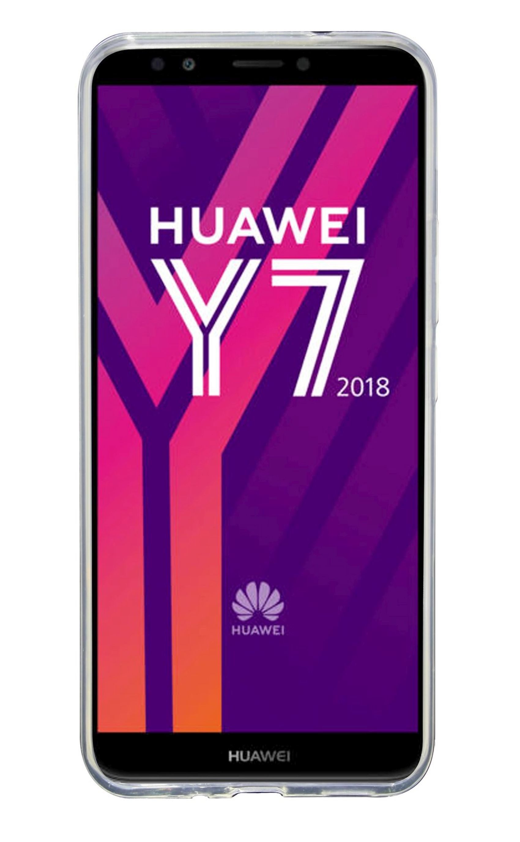 Ein Telefon mit durchsichtiger Hülle zeigt 'HUAWEI Y7 2018' auf einem Farbverlauf.