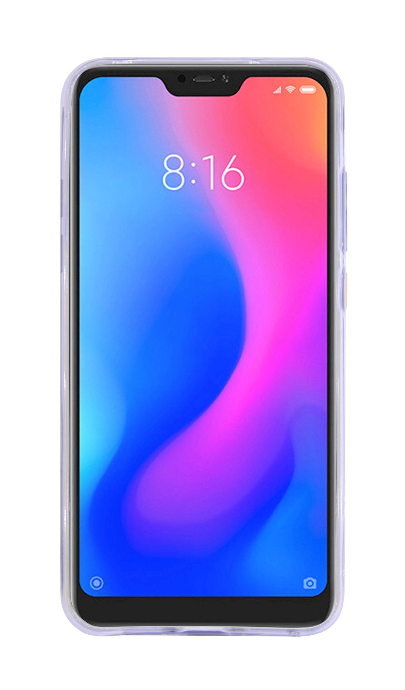Ein Telefon mit einer transparenten Hülle, das einen farbenfrohen Bildschirm mit der Uhrzeit 8:16 zeigt, weißer Hintergrund.