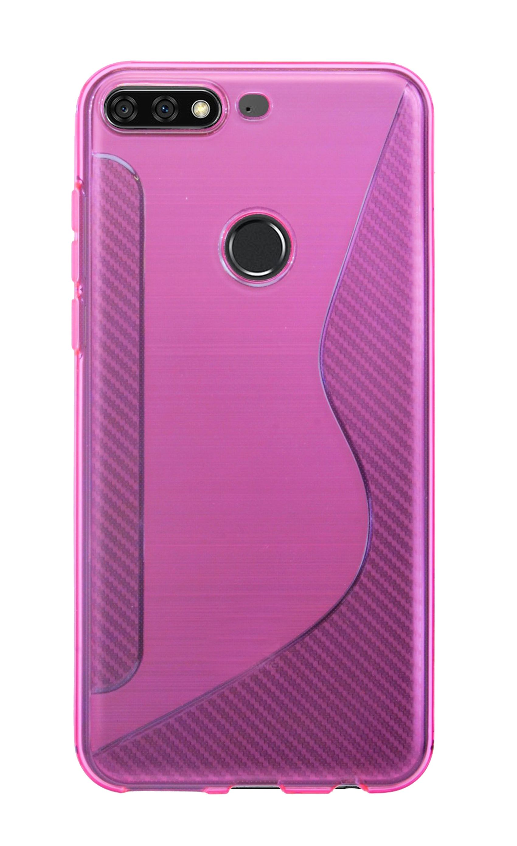 Rückseite eines pinkfarbenen Telefons mit Kamera und Design. Es hat ein geschwungenes Design, die Kamera oben.