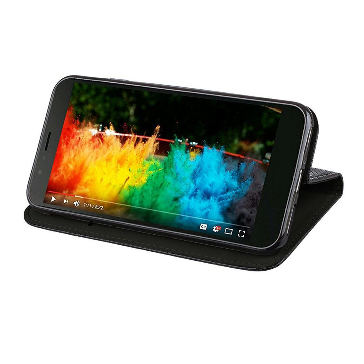 Telefon in einer Hülle, das ein Video mit Regenbogenfarben abspielt.