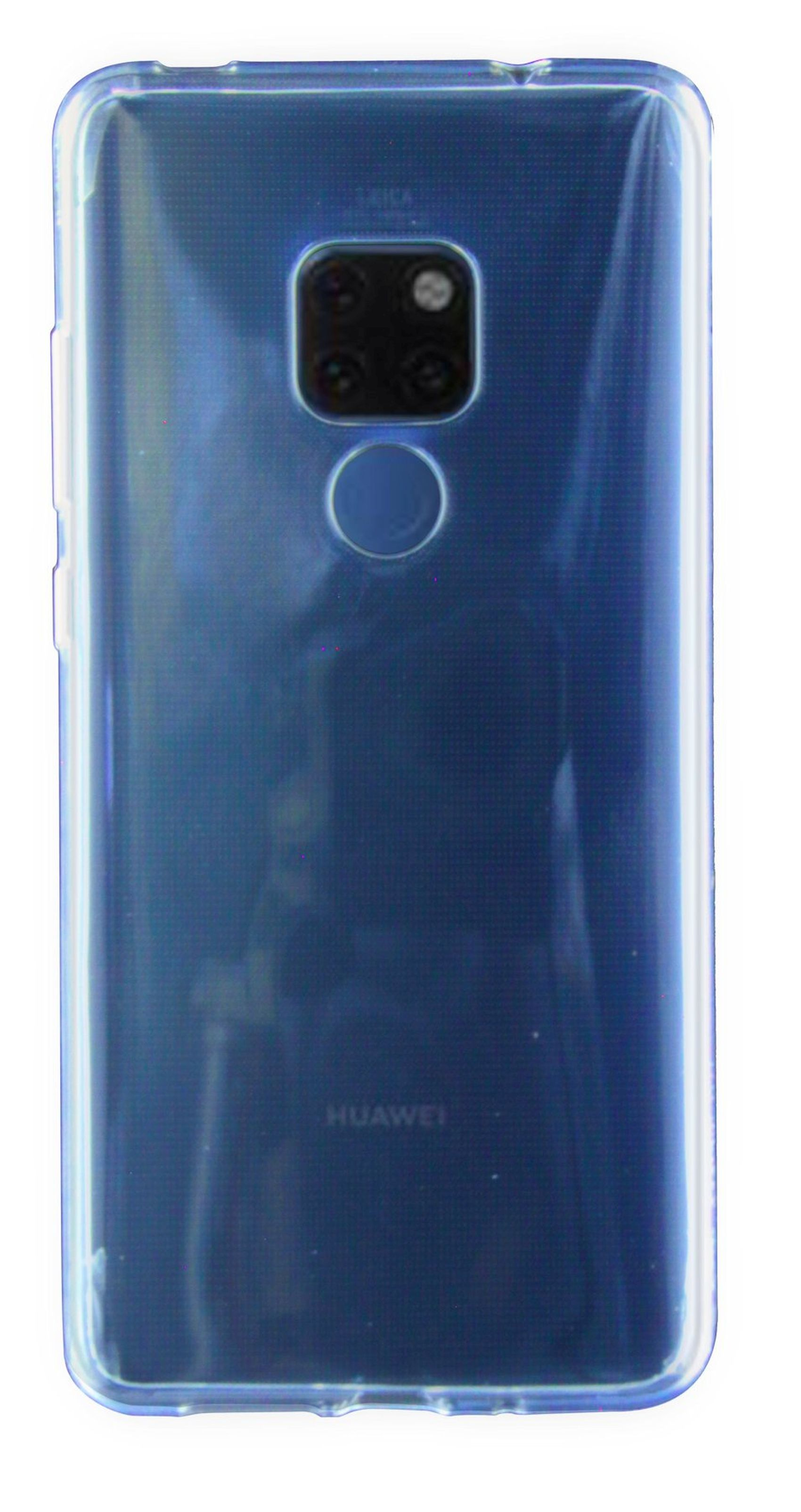 Rückansicht eines Telefons in einer transparenten Hülle. Das Telefon ist blau, mit Huawei-Logo und mehreren Kameras.