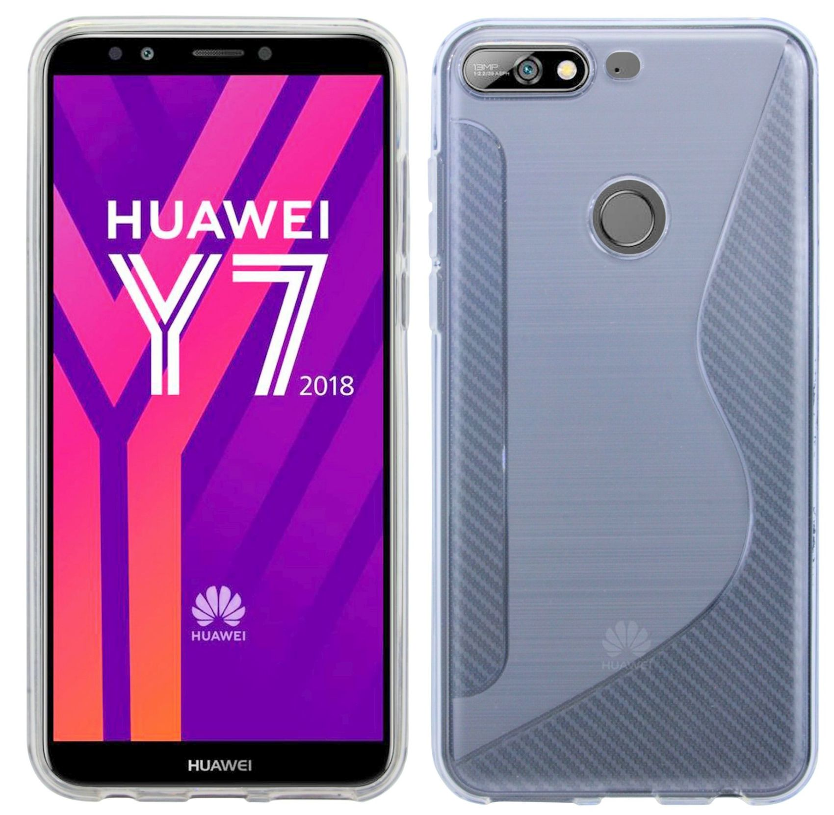 Ein Telefon mit einer durchsichtigen Hülle. Der Bildschirm zeigt den Text HUAWEI Y7 2018 und einen lila Farbverlauf.