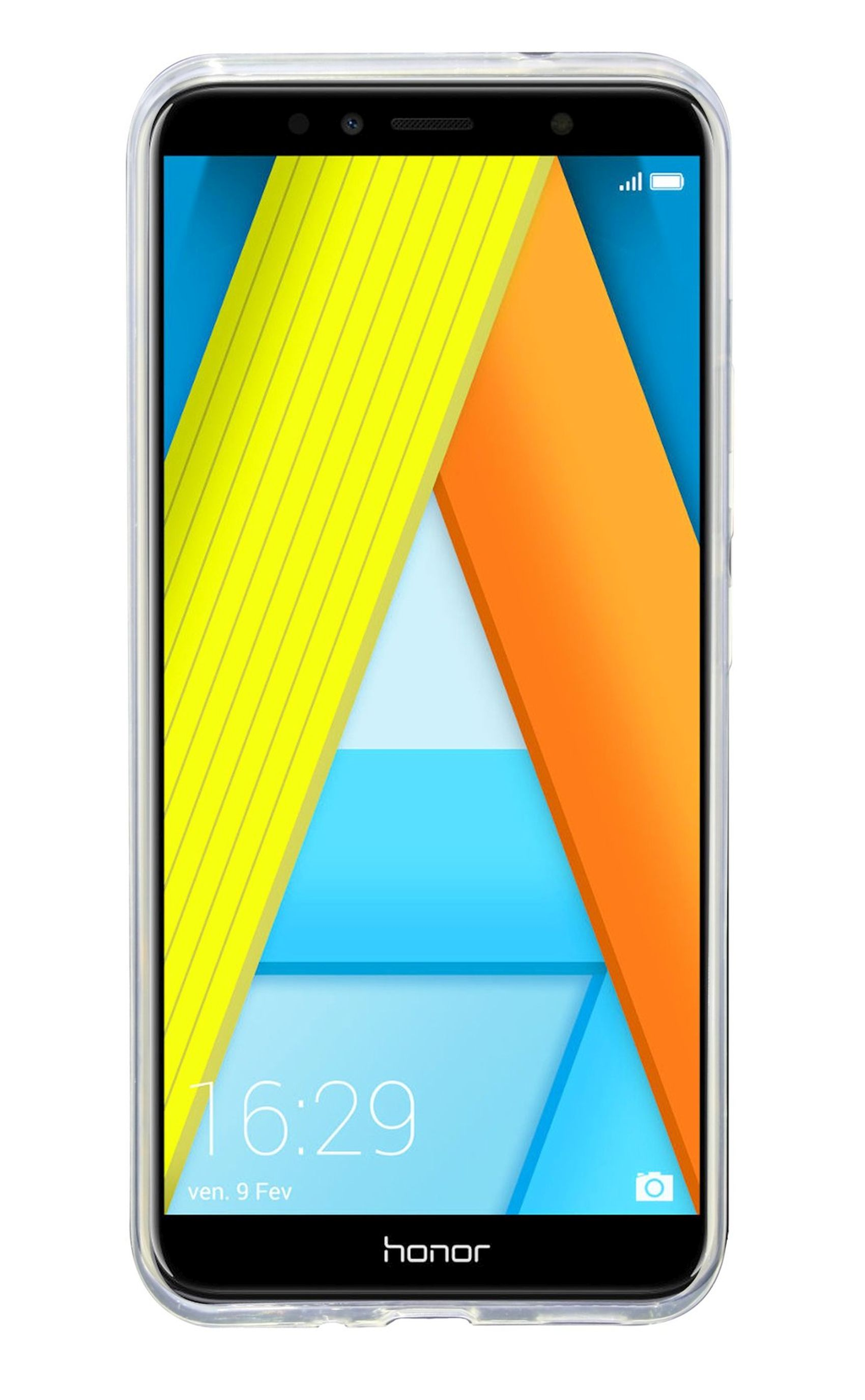 Honor-Telefon in transparenter Hülle, mit Farb-Abstraktkunst auf dem Bildschirm.