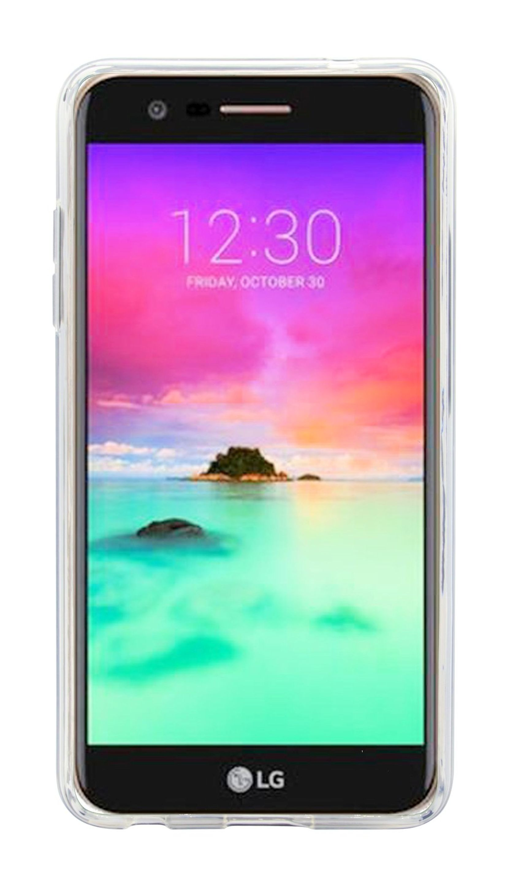 Ein Telefon mit durchsichtigem Gehäuse. Der Bildschirm zeigt eine Strandszene mit Wasser und Insel.