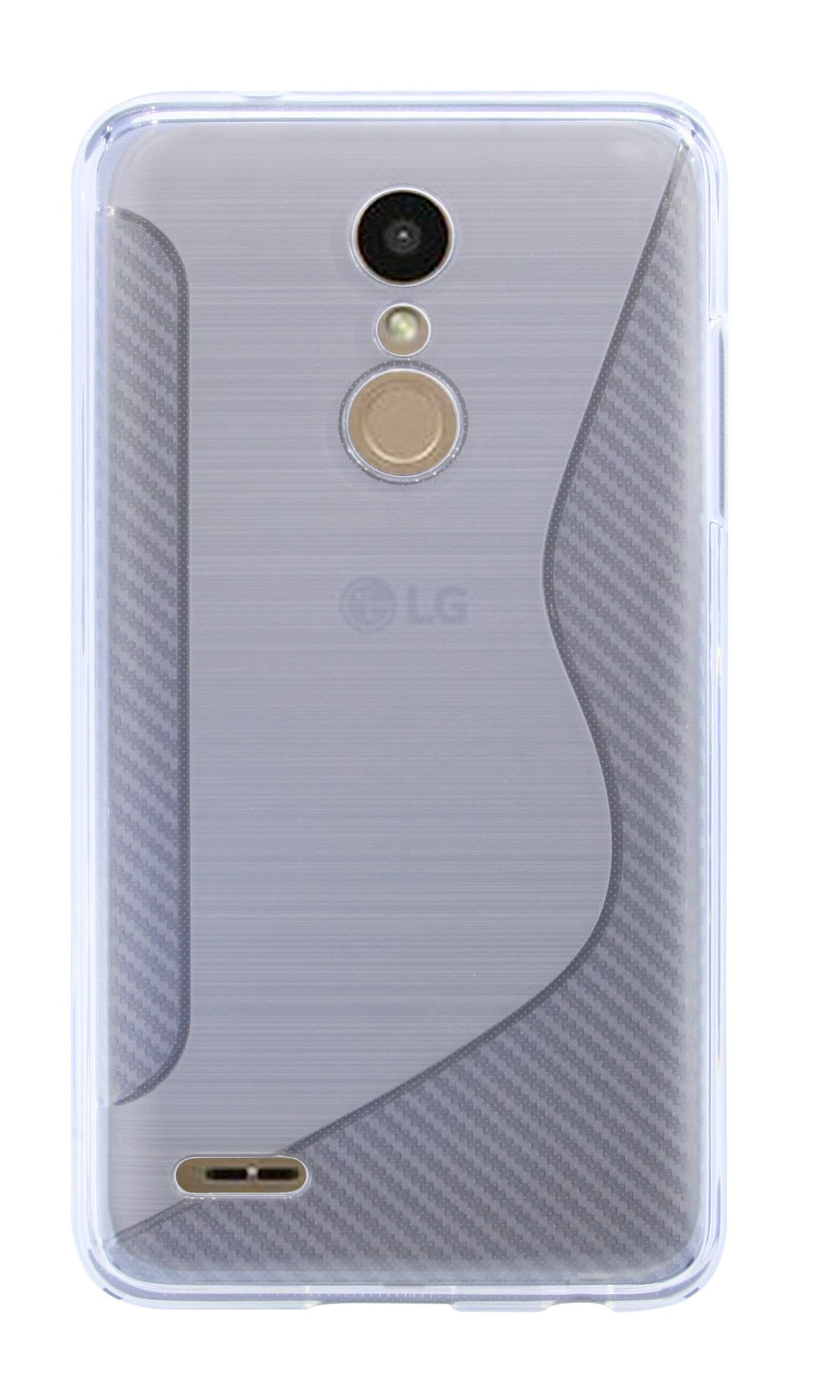 Ein Telefon in einer transparenten Hülle mit einem grauen Design auf der Rückseite. Es hat eine Kamera und einen Fingerabdrucksensor.