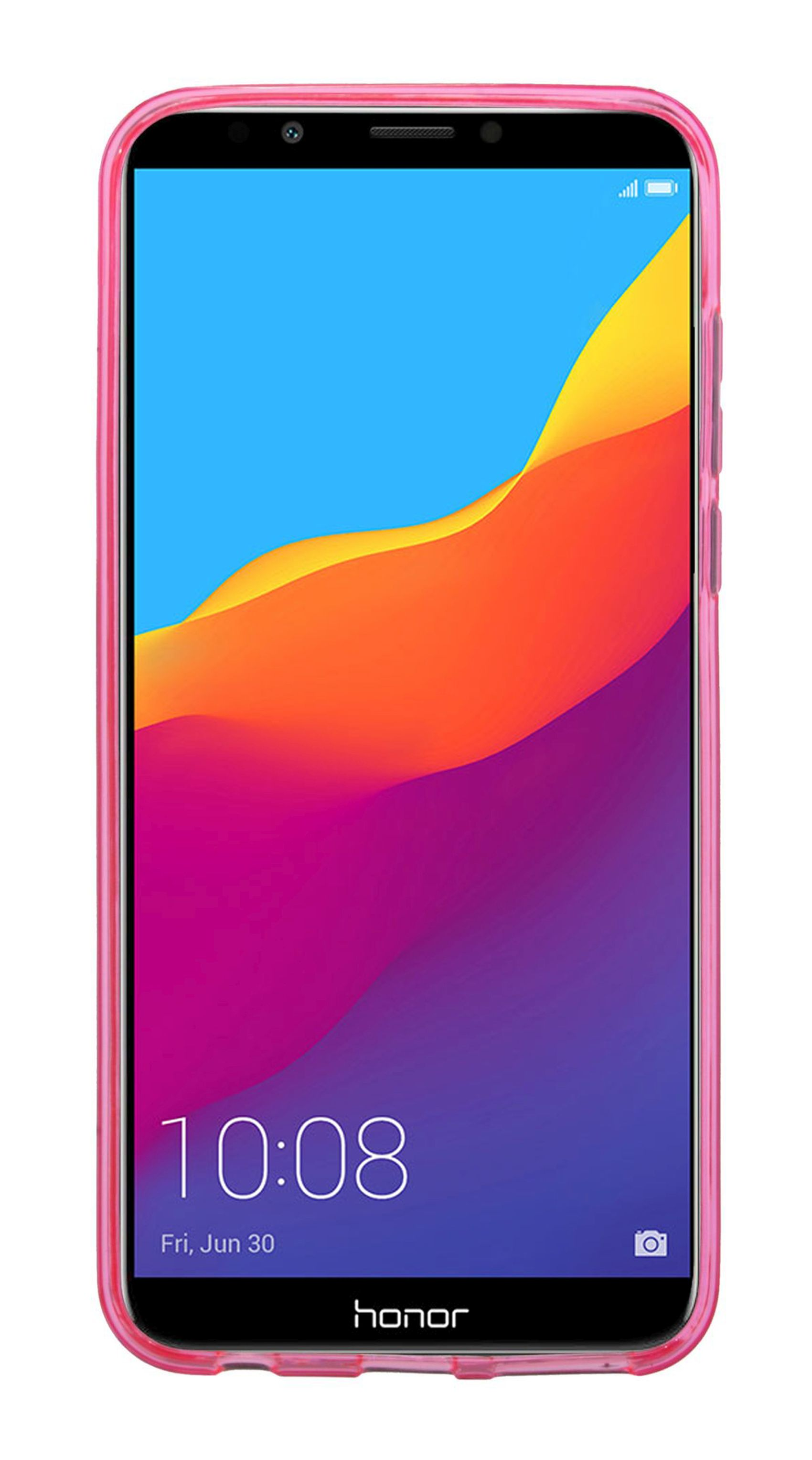 Smartphone in einer rosa Hülle, die Zeit und einen abstrakten bunten Hintergrund anzeigt.