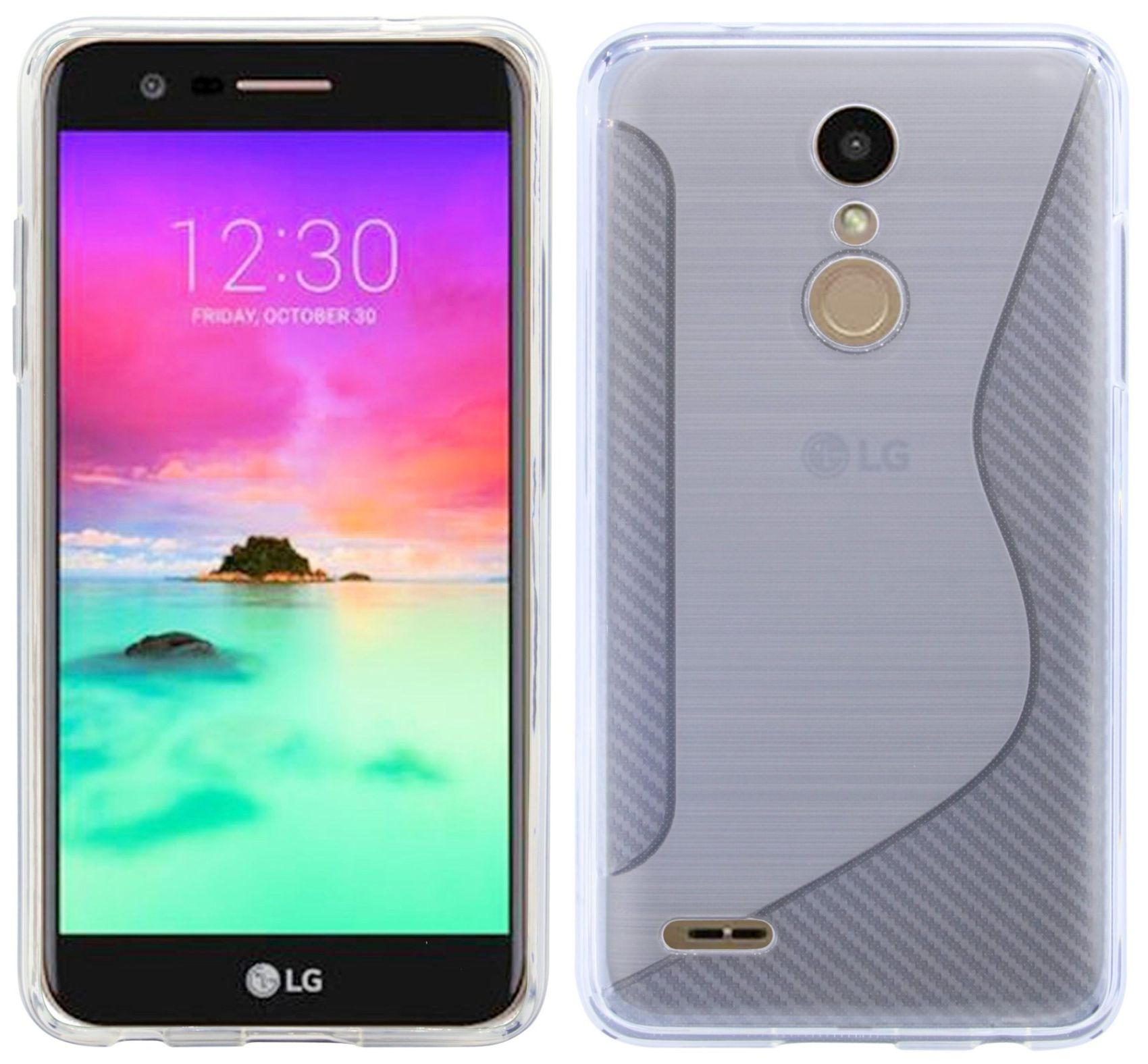 LG-Telefon mit klarer Hülle. Telefon zeigt die Uhrzeit. Die Rückseite hat eine Kamera und das LG-Logo.