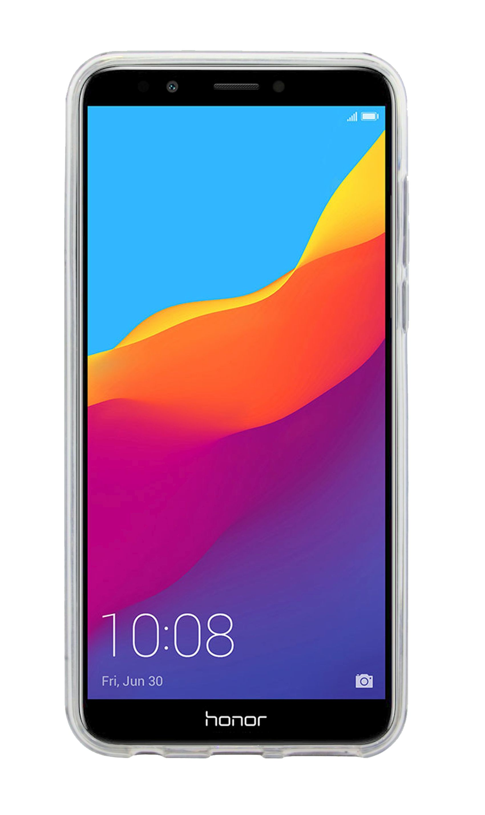 Honor-Telefon in klarer Hülle. Helles Display, zeigt Uhrzeit und Datum. Weißer Hintergrund.