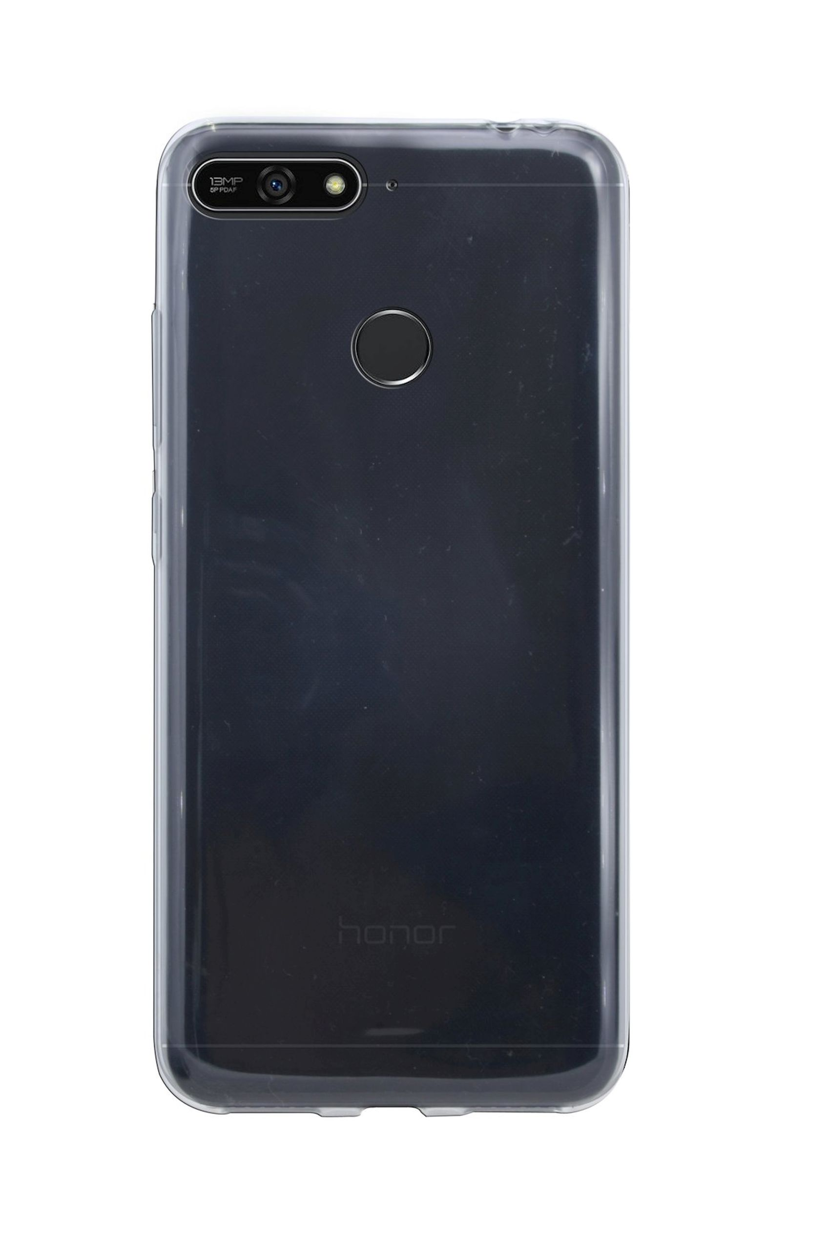 Schwarze Telefonrückseite in klarer Hülle, mit Kamera und Blitz, auf weißem Hintergrund.