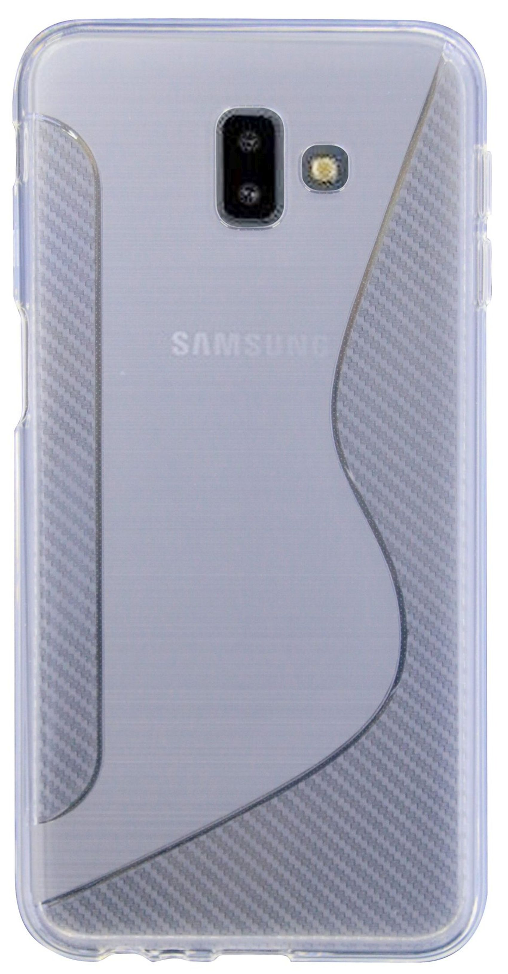 Samsung-Handyhülle, Rückansicht. Transparente Hülle mit grauem Design.