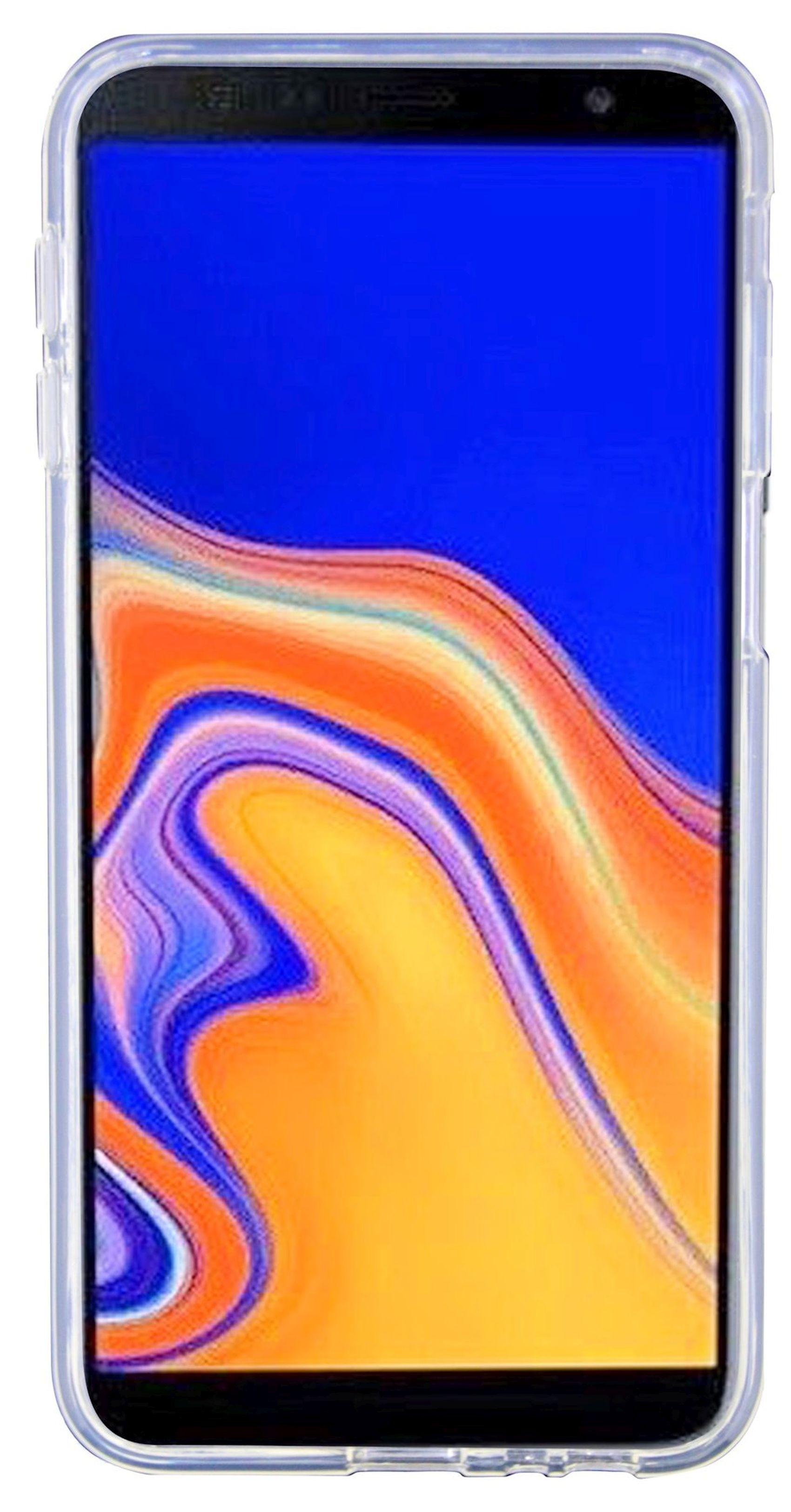 Telefon in transparenter Hülle mit blau-orangefarbenem Farbverlauf auf dem Bildschirm.