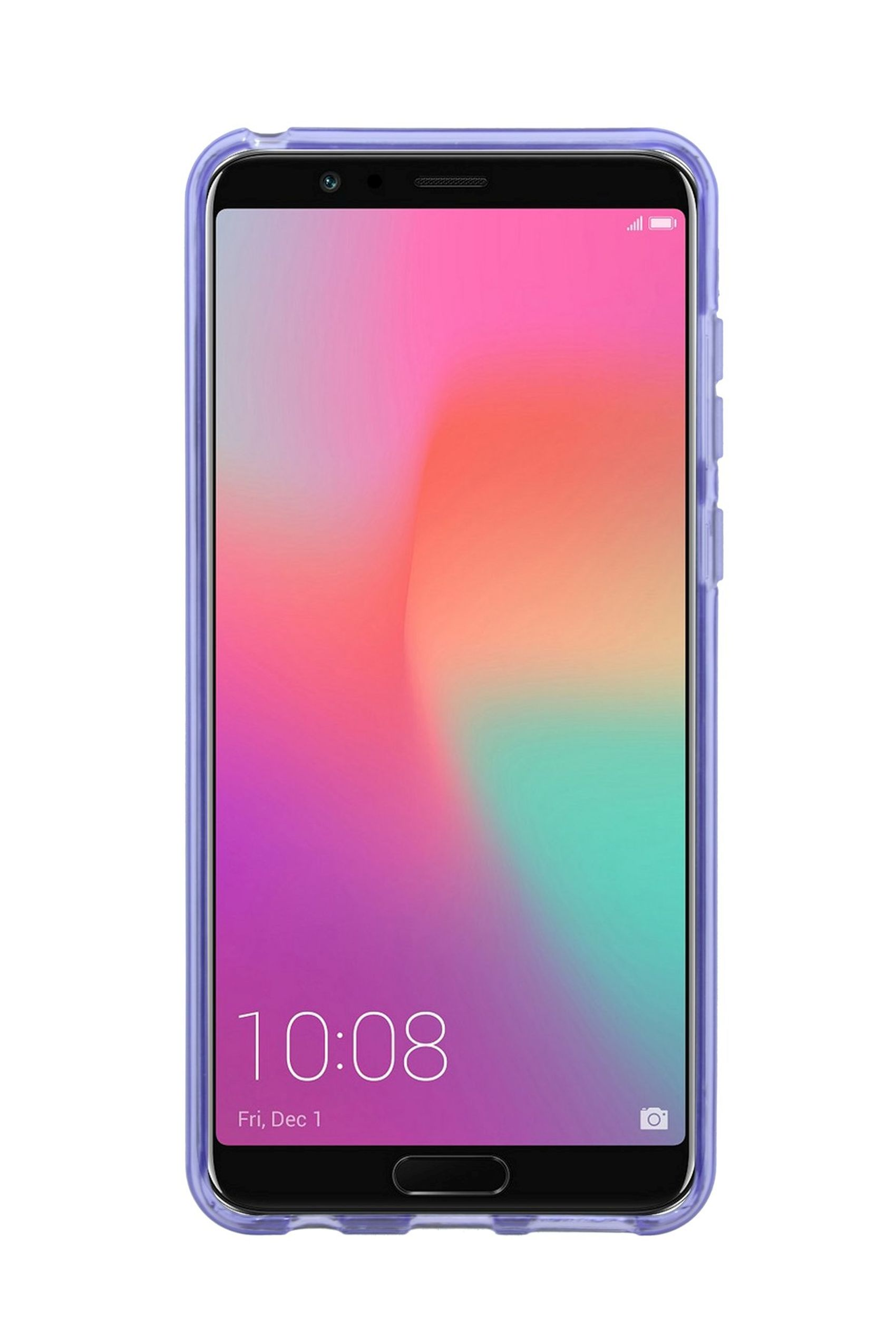 Smartphone in einer durchsichtigen Hülle. Der Bildschirm zeigt einen Farbverlauf. Uhrzeit: 10:08, Datum: 1. Dez.