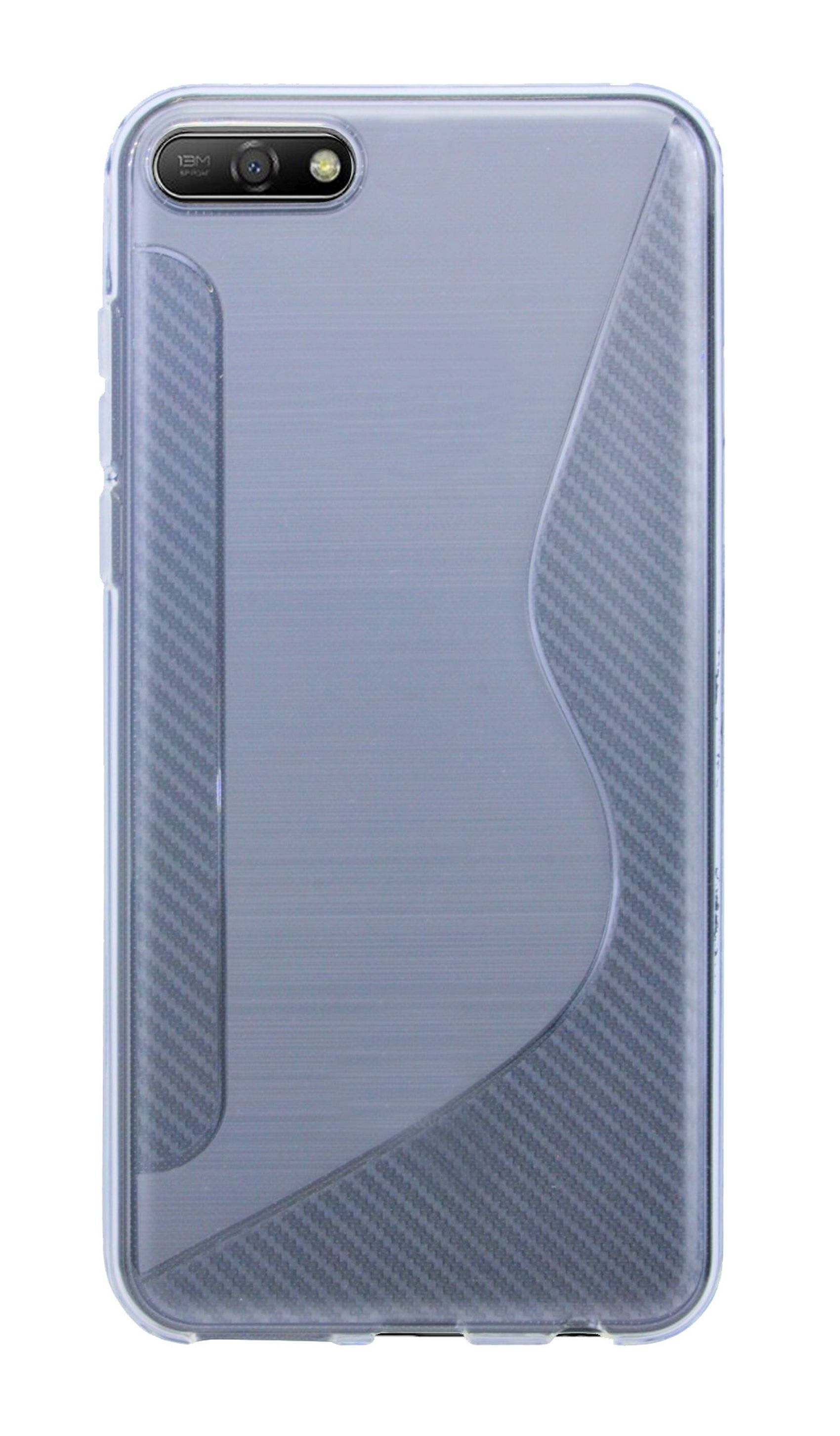 Transparente Handyhülle mit Carbonfaserdesign. Einzelkamera und Blitz oben. Graues Telefon innen.