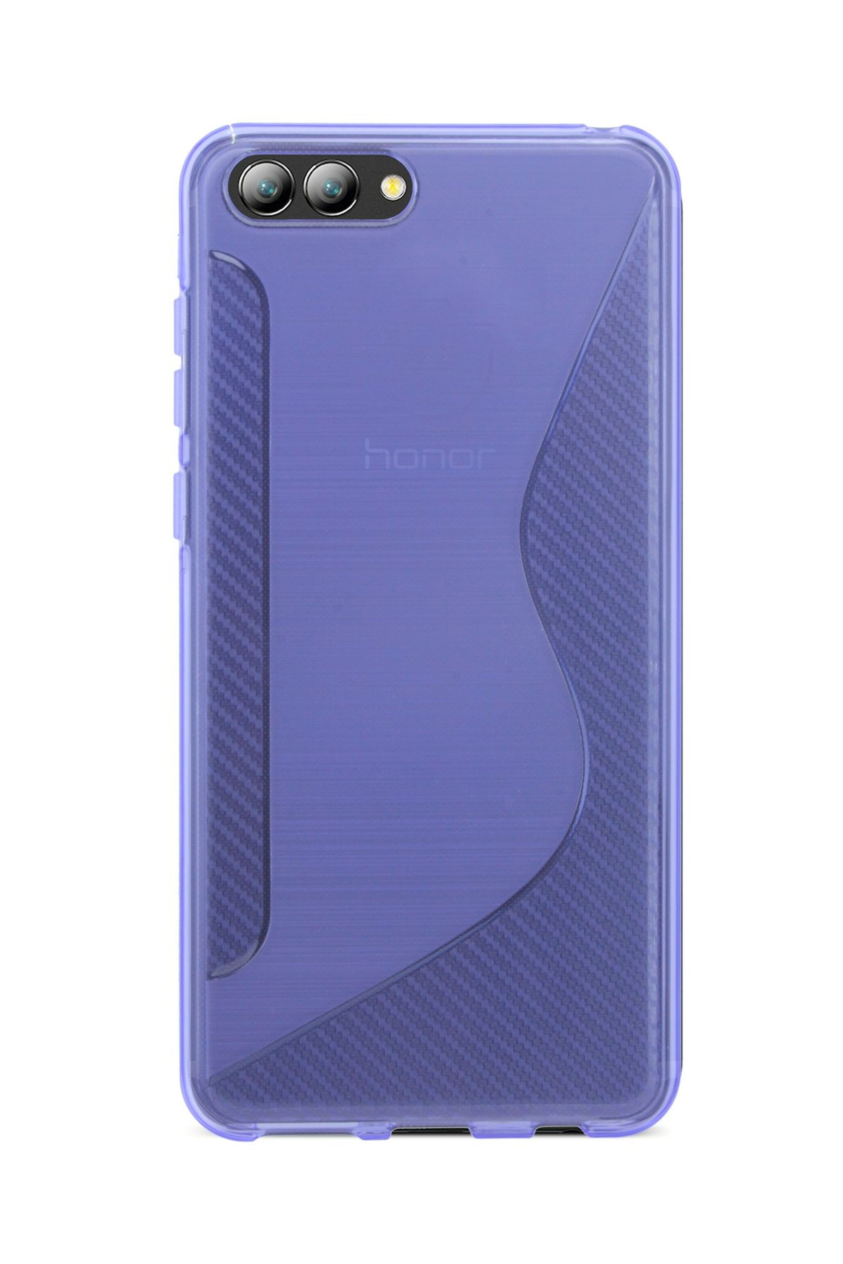 Lila Handyhülle mit Karbonfaserdesign. Honor-Logo sichtbar. Dual-Kamera. Transparente Hülle.