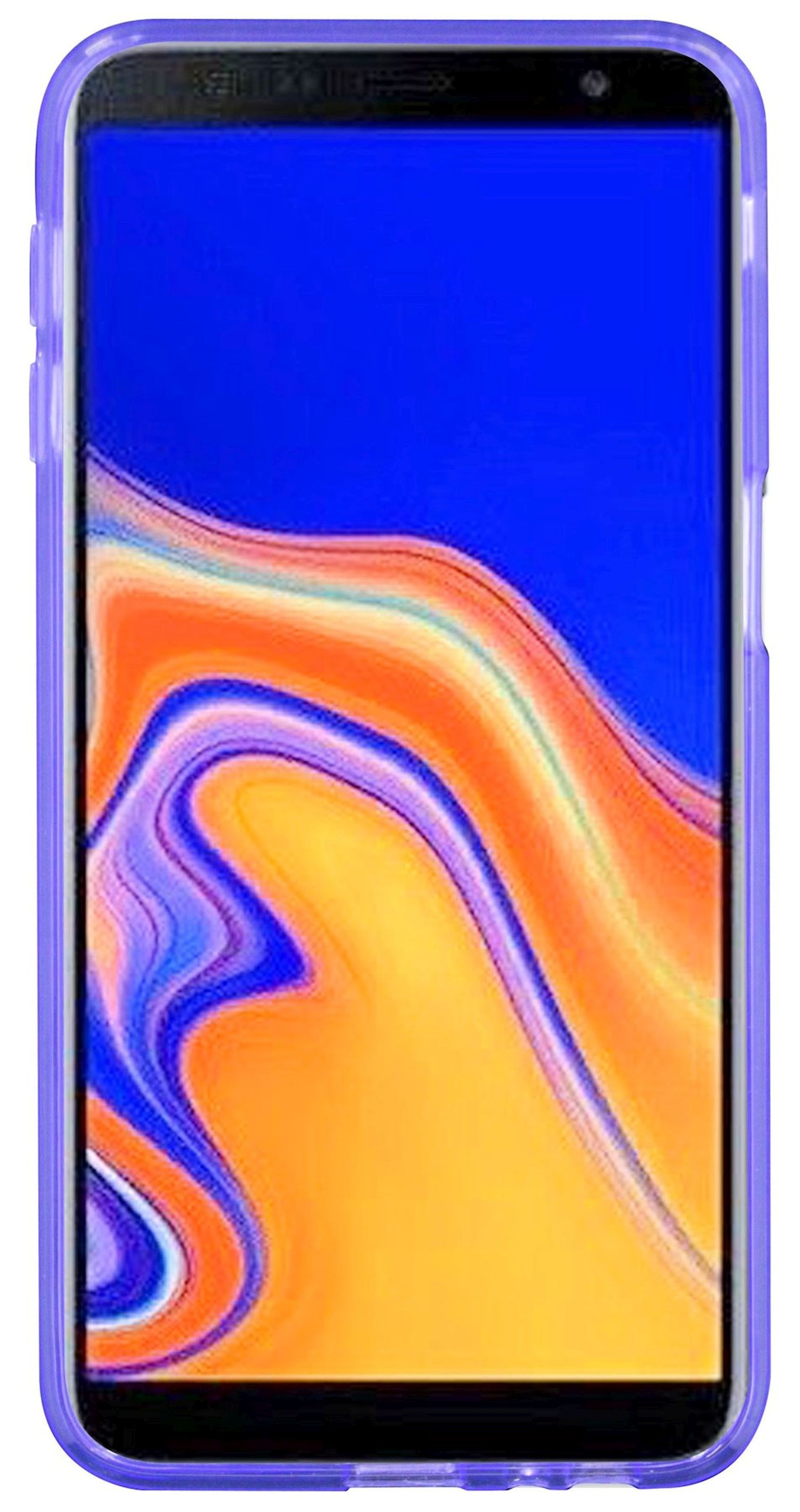 Smartphone mit lila Hülle, der Bildschirm zeigt ein blaues und orangefarbenes Design.