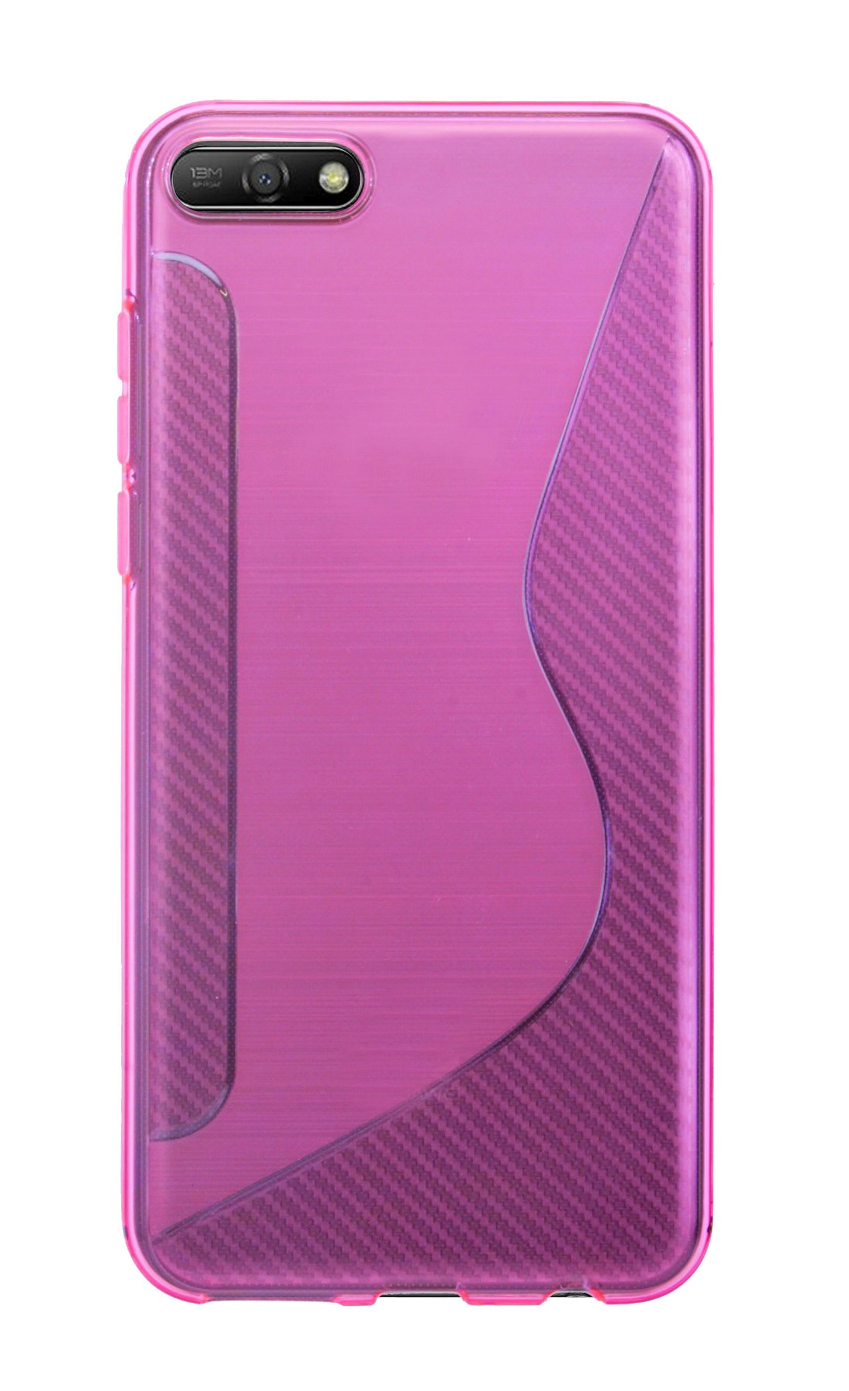 Eine pinke Handyhülle mit strukturiertem Design und Kameraausschnitt, vor weißem Hintergrund.