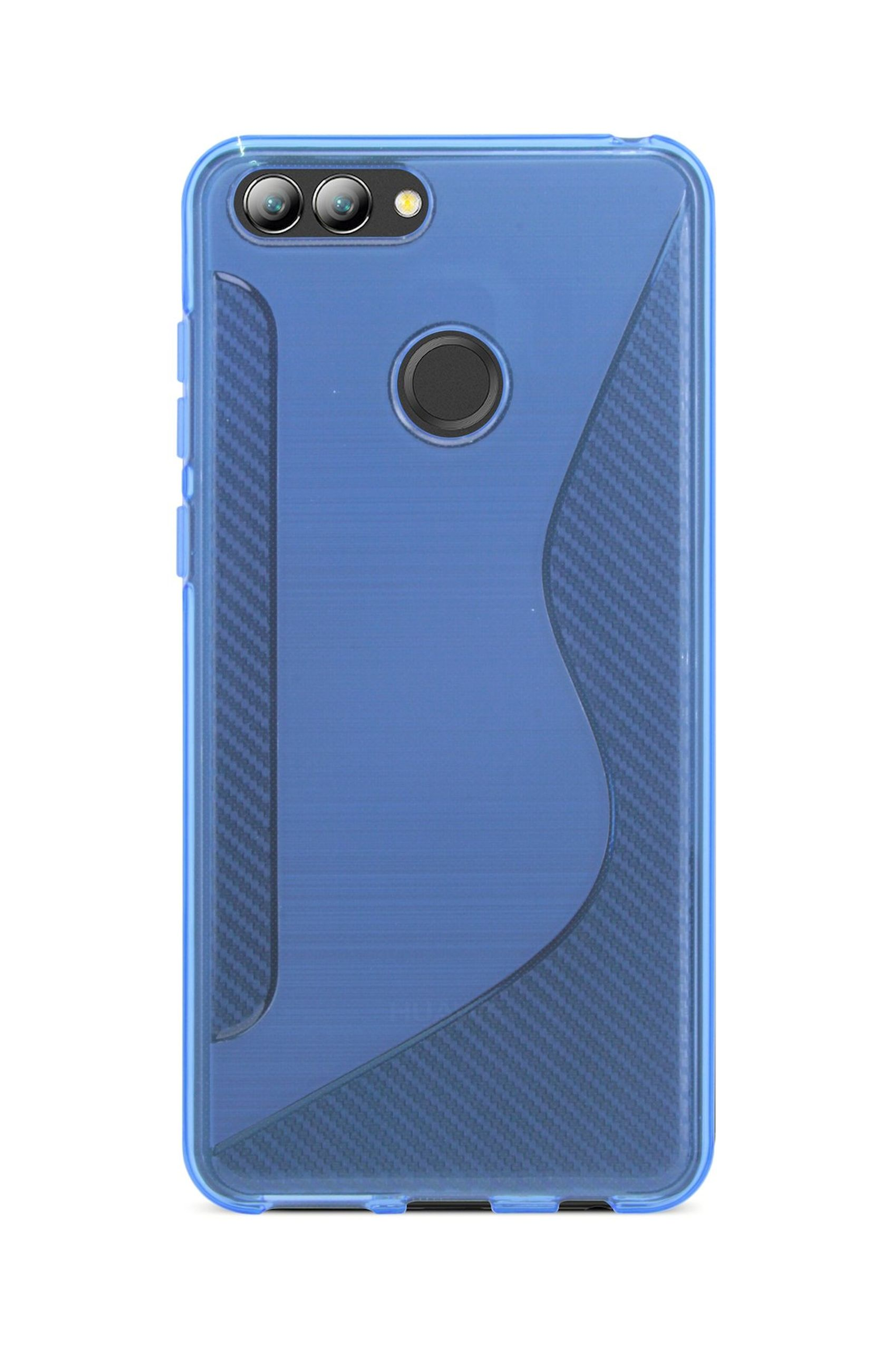 Blaues Telefon mit blauer Hülle. Die Hülle hat ein Wellendesign. Weißer Hintergrund.