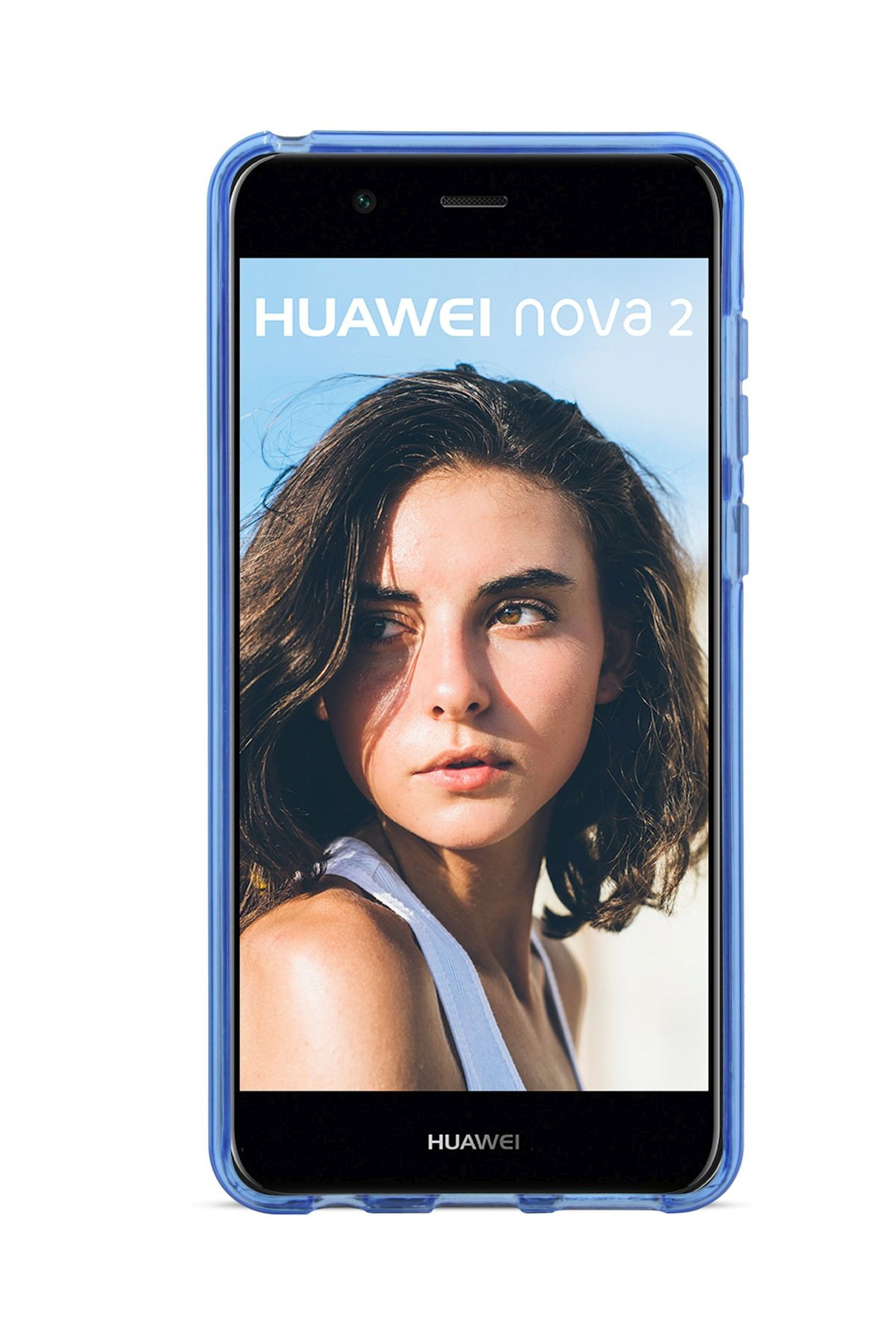 Ein Telefon zeigt ein Porträt einer Frau mit dem Text 'HUAWEI nova 2'.