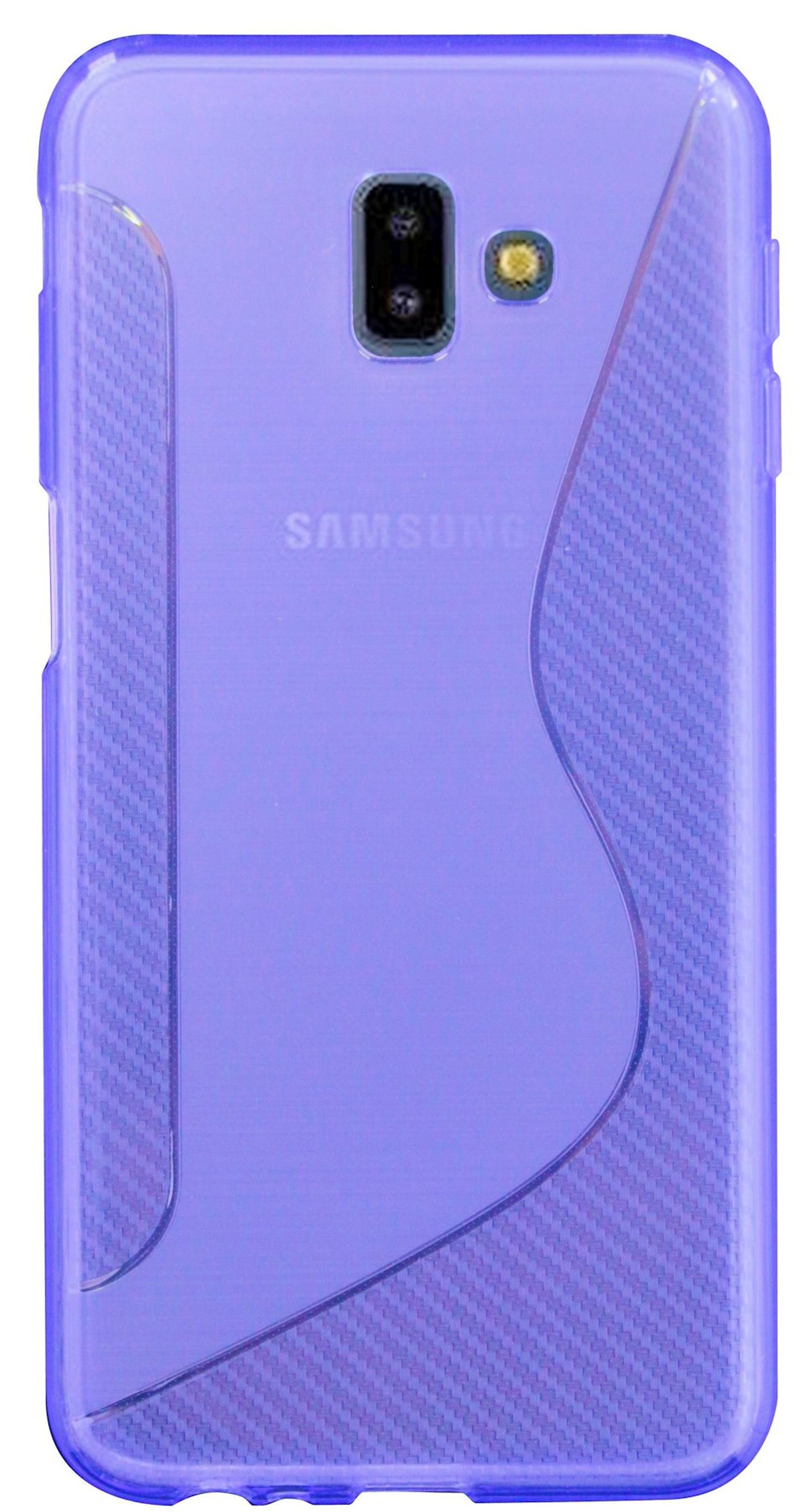 Lila Handyhülle mit Muster, Samsung Logo und Kamera. Klare Kunststoffkanten.