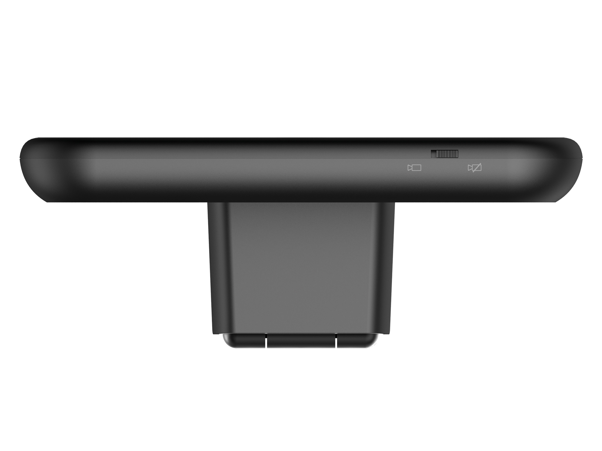Eine schwarze Webcam mit einem Ständer. Es gibt einen Schieberegler und einen Knopf.
