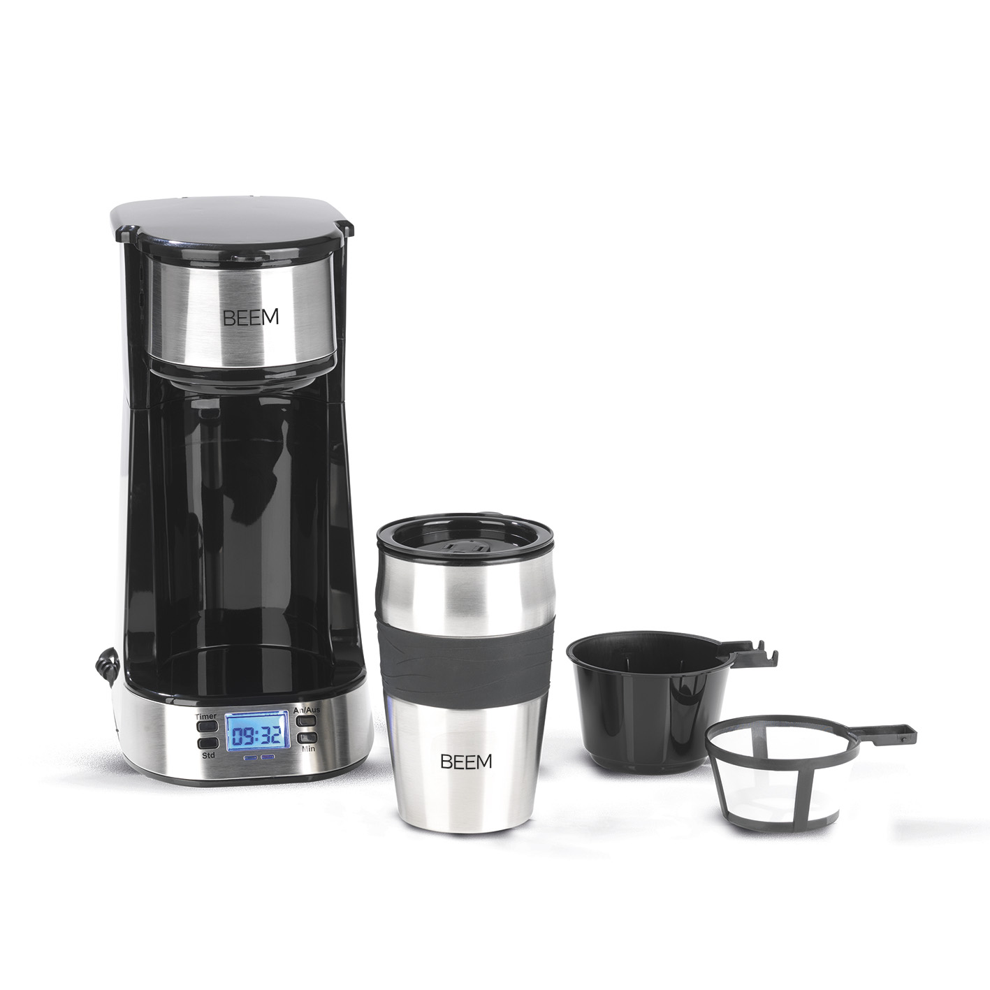 Kaffeemaschine, Thermobecher, schwarzer Behälter und Filter.