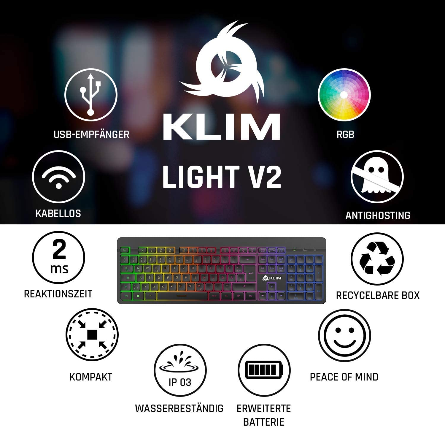 Schwarze Tastatur mit bunten, hintergrundbeleuchteten Tasten, verschiedene Symbole. Text: Klim Light V2.