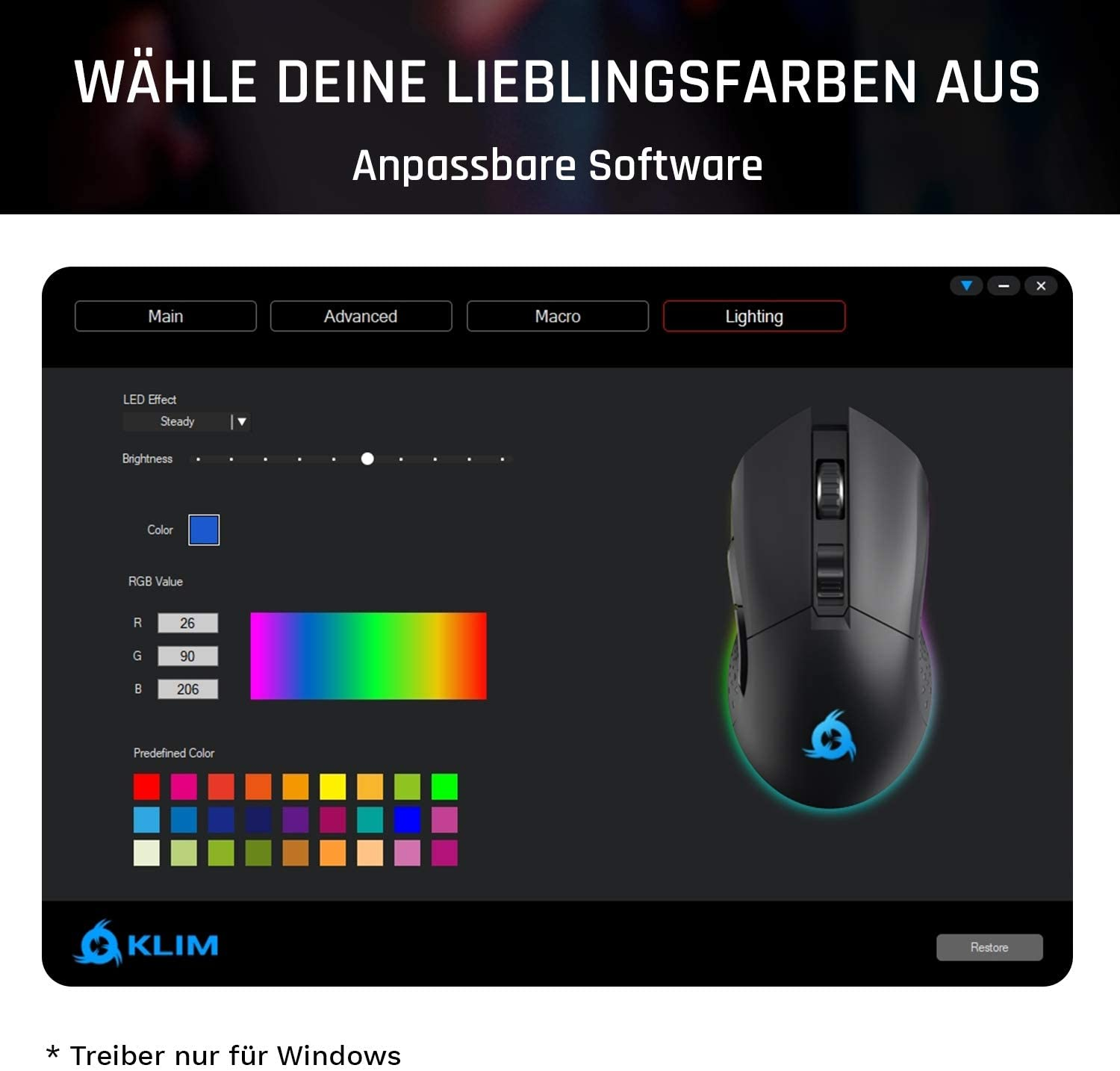Computermaus mit anpassbaren Beleuchtungsoptionen, die auf einem Bildschirm angezeigt werden.