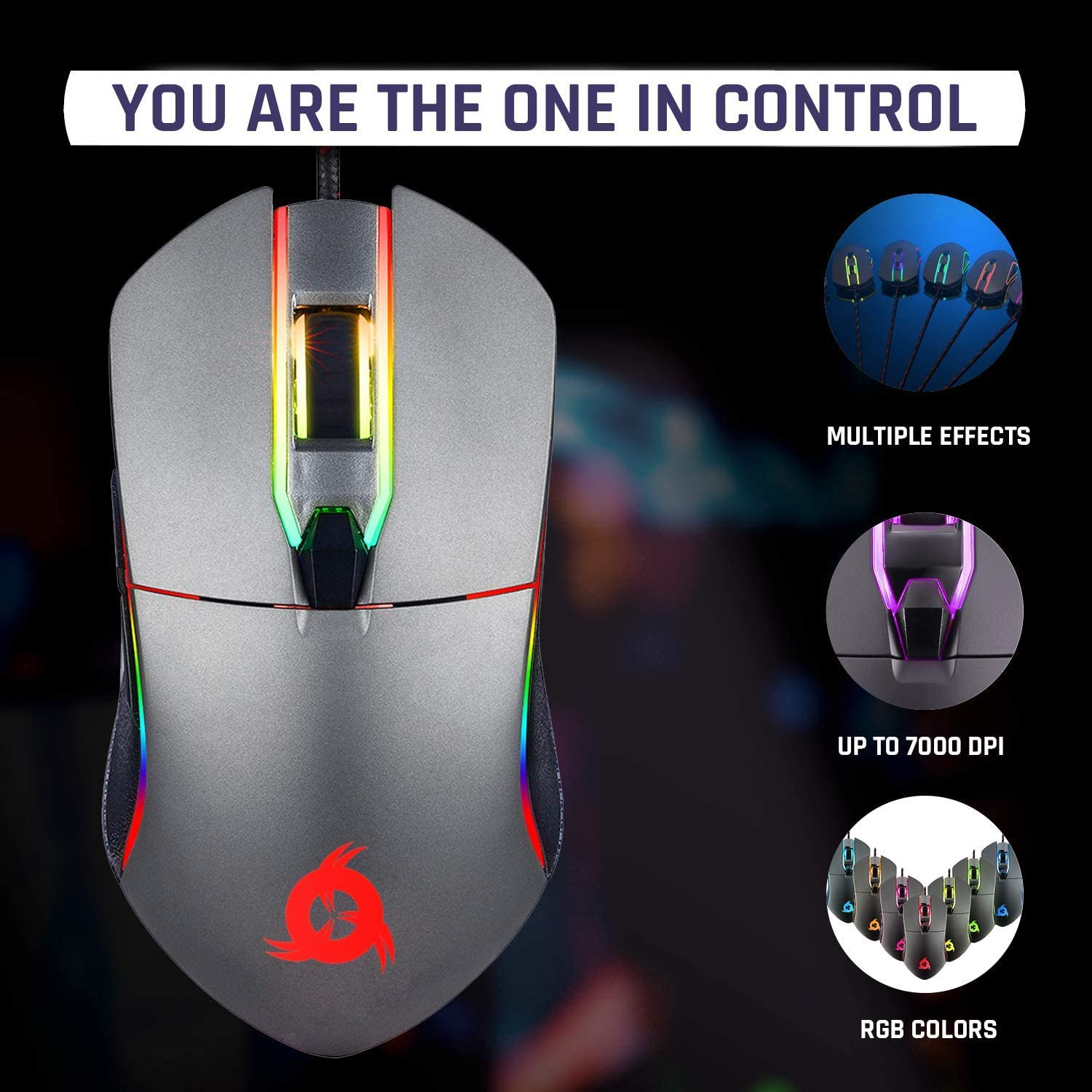 Gaming-Maus mit RGB-Beleuchtung und mehreren Effekten, graue Farbe.