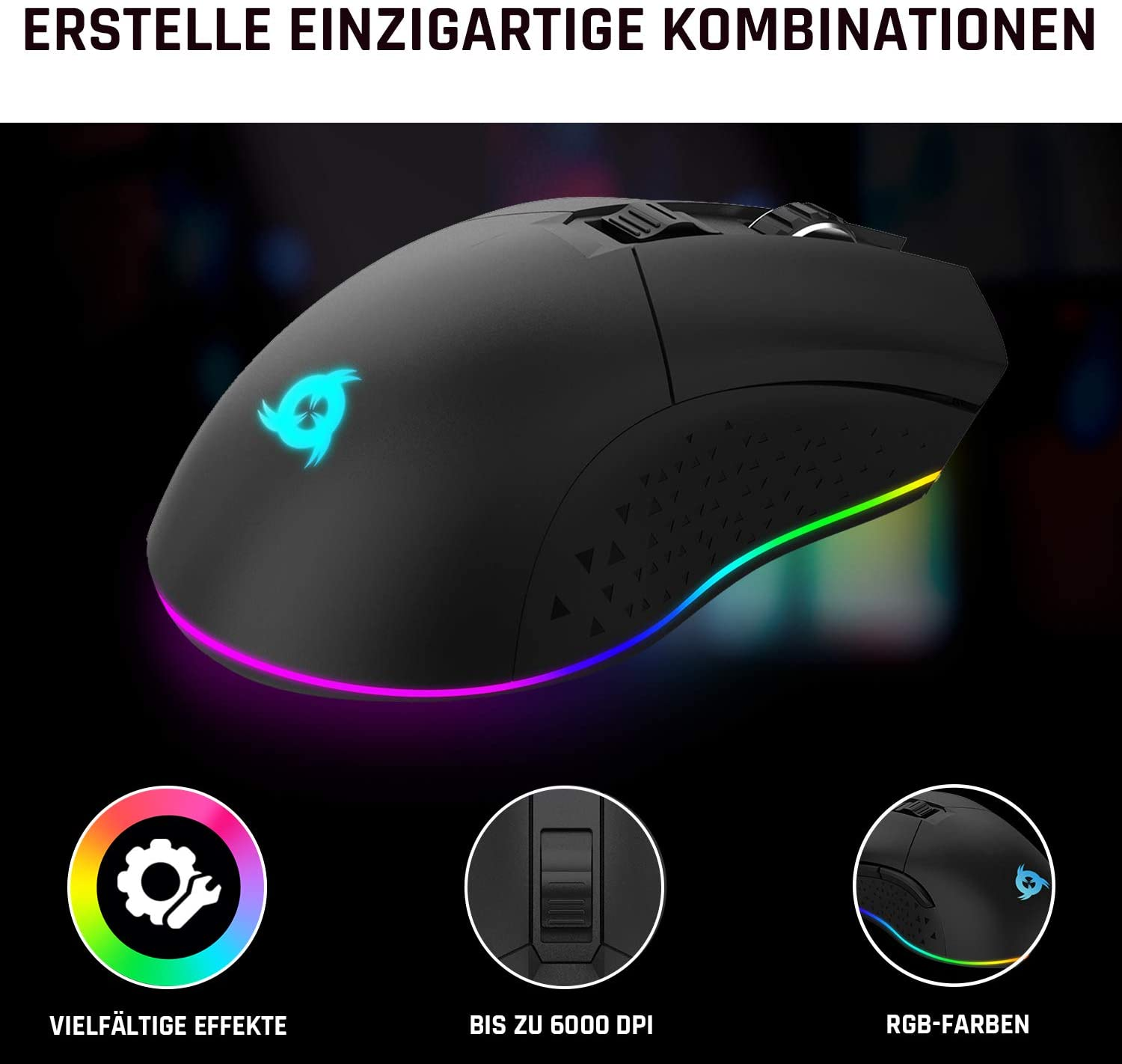 Schwarze Gaming-Maus mit RGB-Beleuchtung, Logo und drei Symbolen unten.