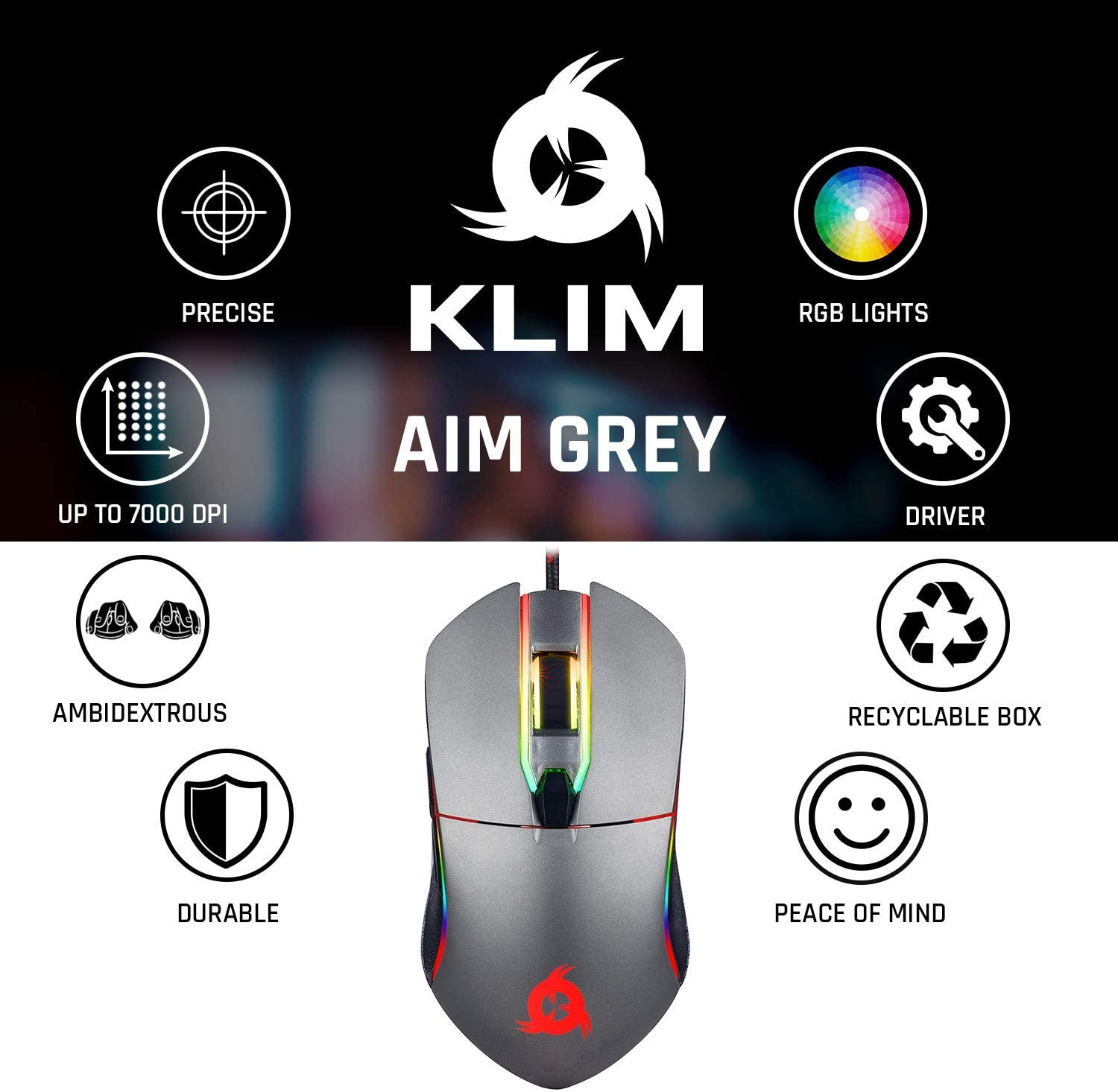 Gaming-Maus mit verschiedenen Symbolen. Sie hat mehrere Tasten, RGB-Beleuchtung und ein Logo. Sie ist grau.