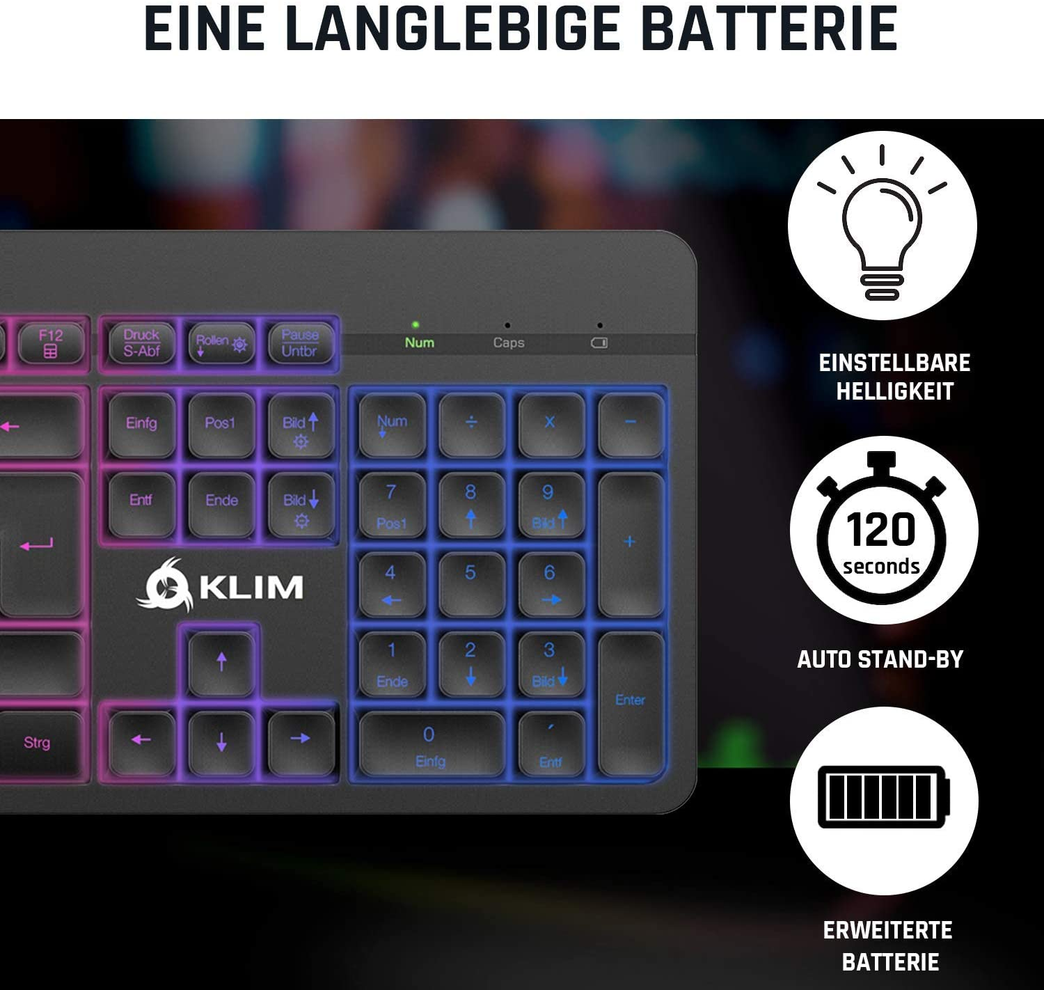 Schwarze Tastatur mit farbigen Tasten, weißen Symbolen und Text. Schwarzer Hintergrund mit Funktionssymbolen.