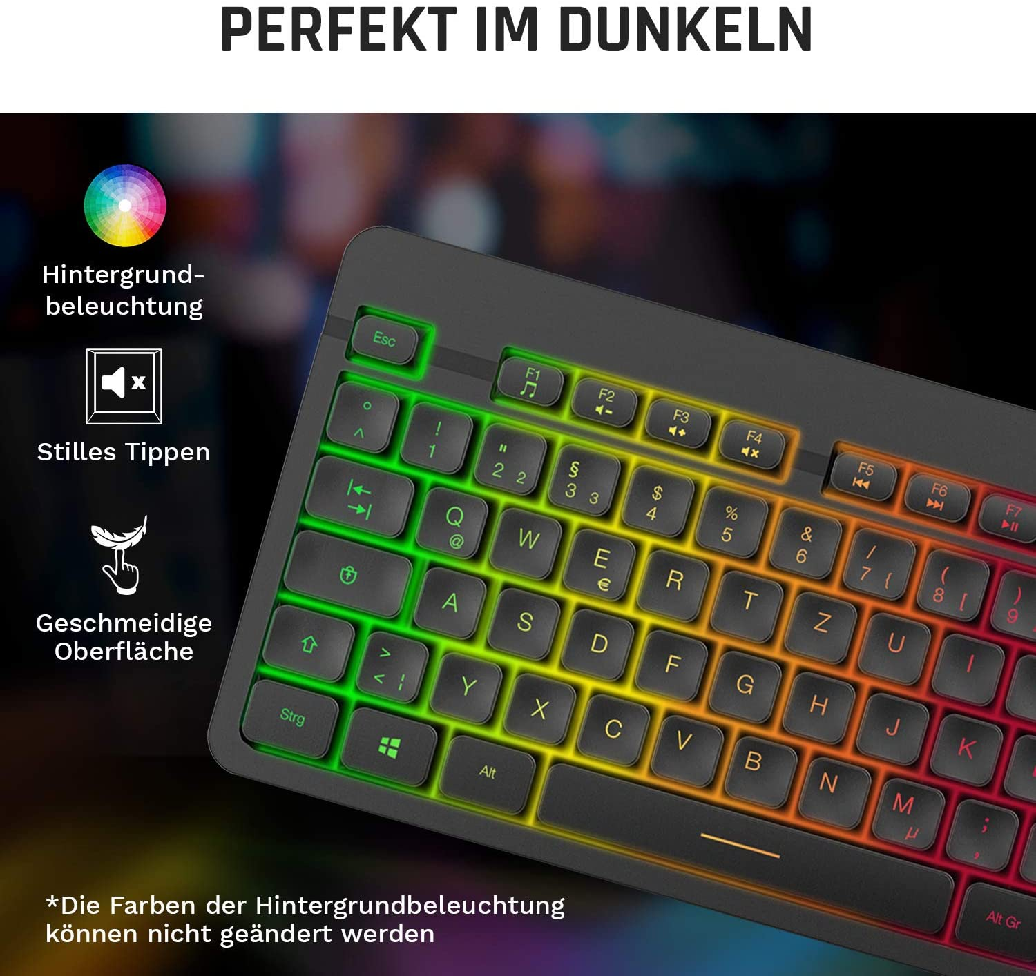 Hintergrundbeleuchtete Tastatur mit mehrfarbigen Tasten. Grüne, gelbe und rote Tasten sind sichtbar.