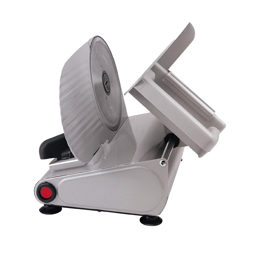 Silberne Fleischschneidemaschine. Die Klinge ist sichtbar und zum Schneiden abgewinkelt. Die Maschine ist sauber.