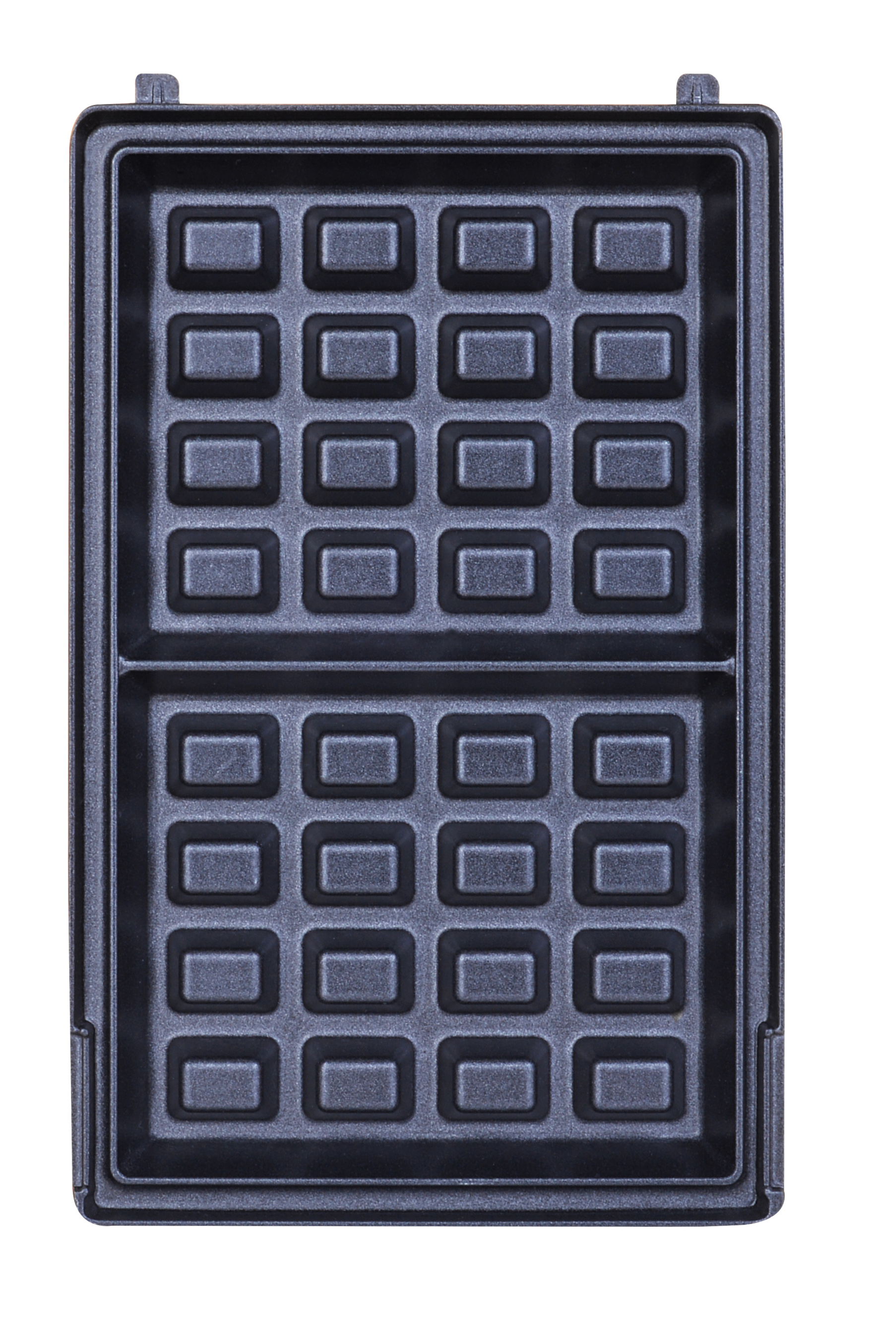 Czarna gofrownica z prostokątną powierzchnią do gotowania, z kwadratowymi nadrukami siatki, na białym tle.