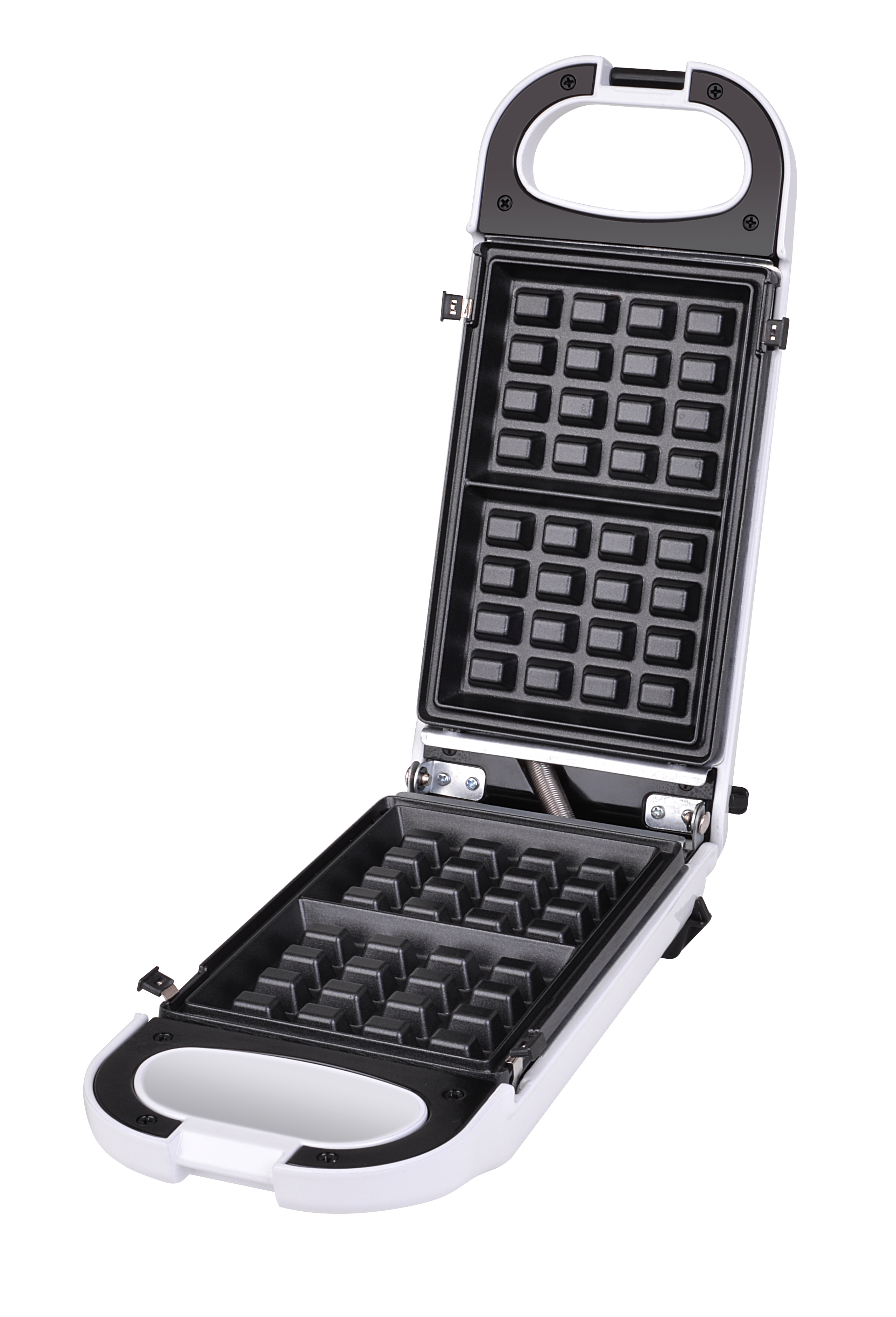 Biało-czarna gofrownica, otwarta. Górna i dolna płyta mają formy do gofrów. Białe tło.