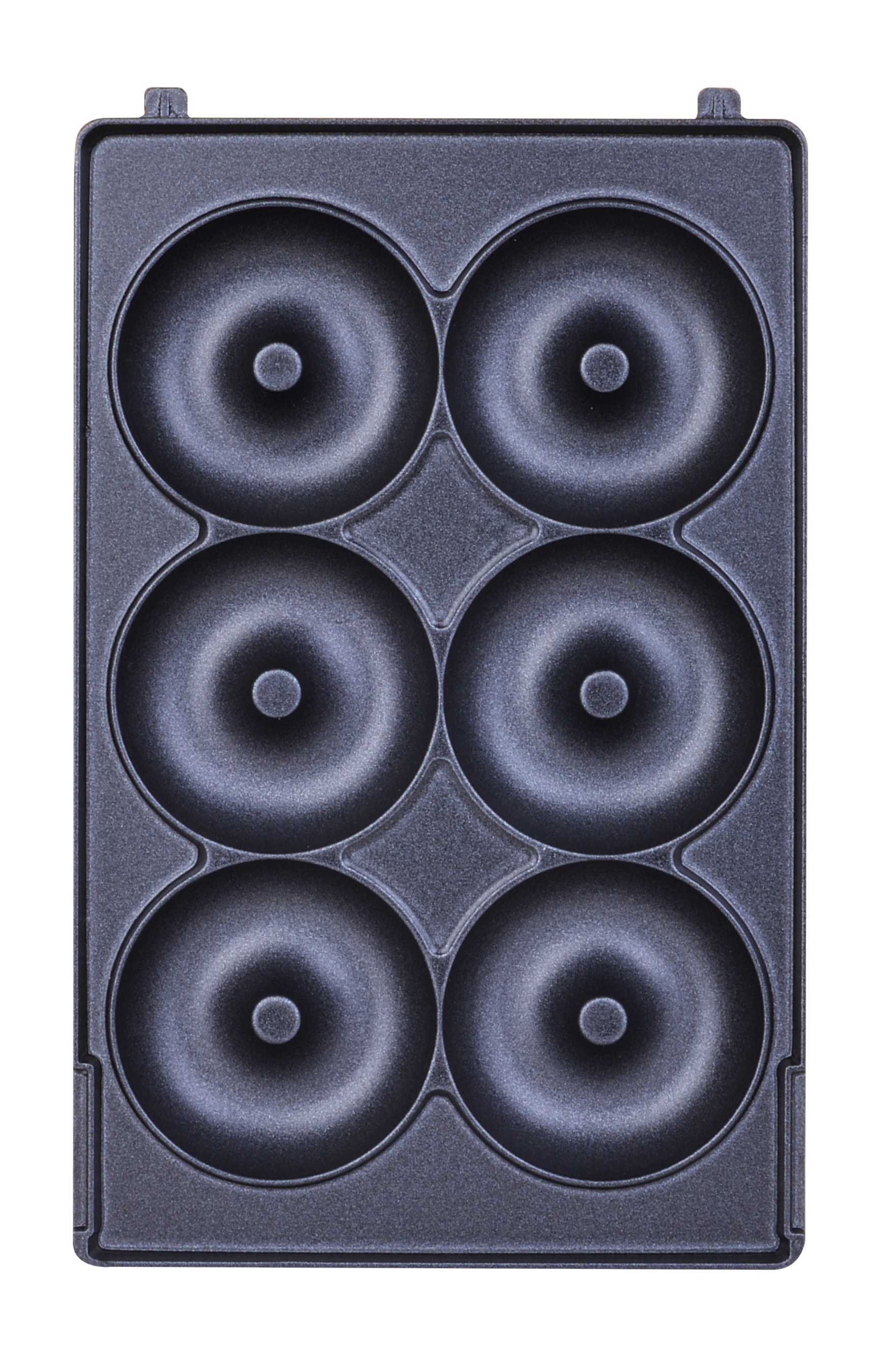 Czarny ekspres do pączków z sześcioma okrągłymi formami.