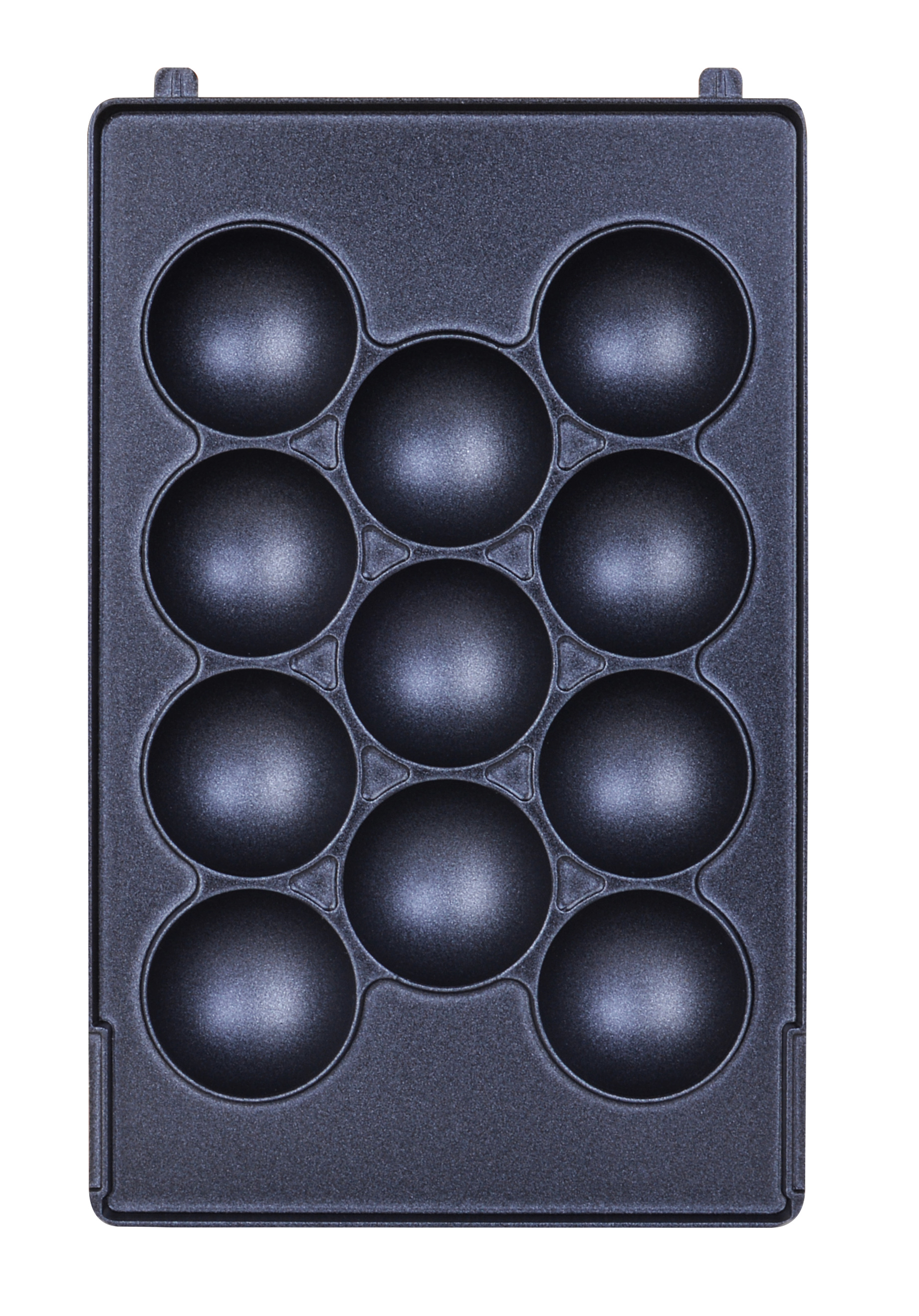Czarna patelnia do takoyaki, widok z góry. Zawiera 12 kulistych form do gotowania.