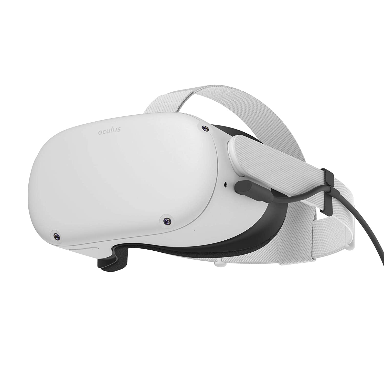 Weißes VR-Headset auf weißem Hintergrund. Das Headset hat ein Kopfband.