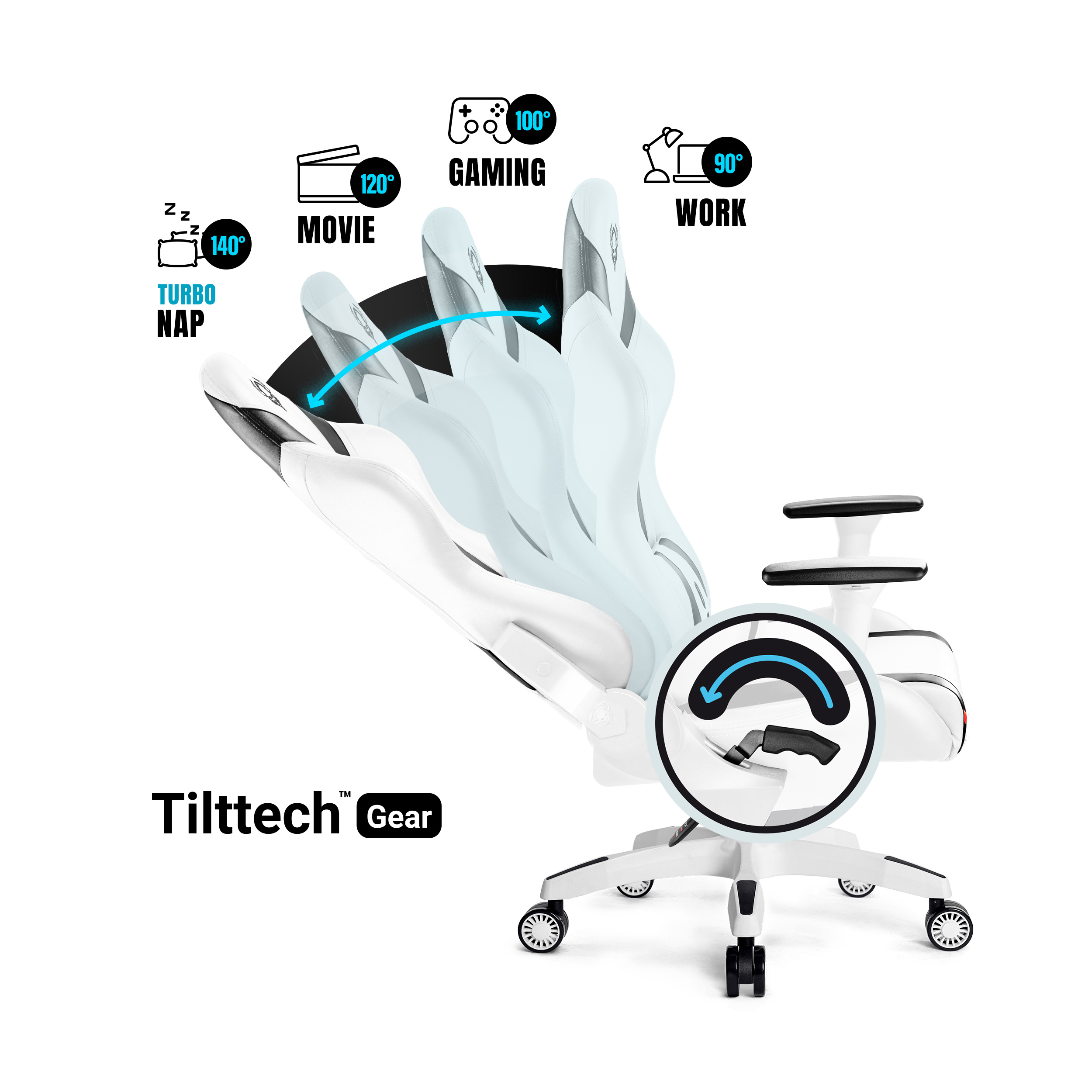 Białe krzesło do gier z kątami nachylenia dla pracy, gier i filmów. Czarne strzałki pokazują ruch.