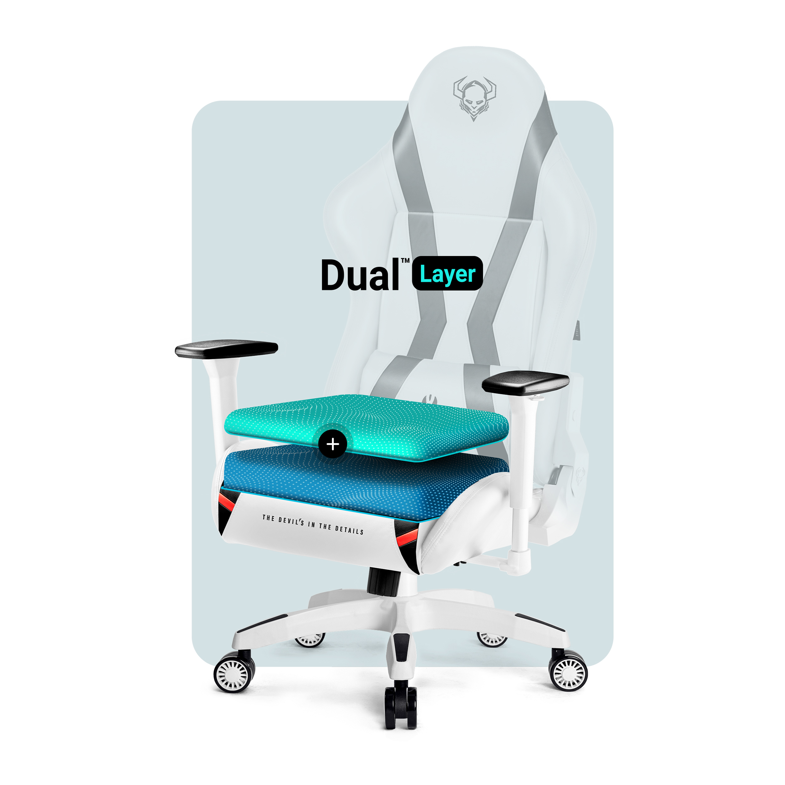 Krzesło do gier z niebiesko-białym siedziskiem. Krzesło ma logo czaszki na zagłówku.