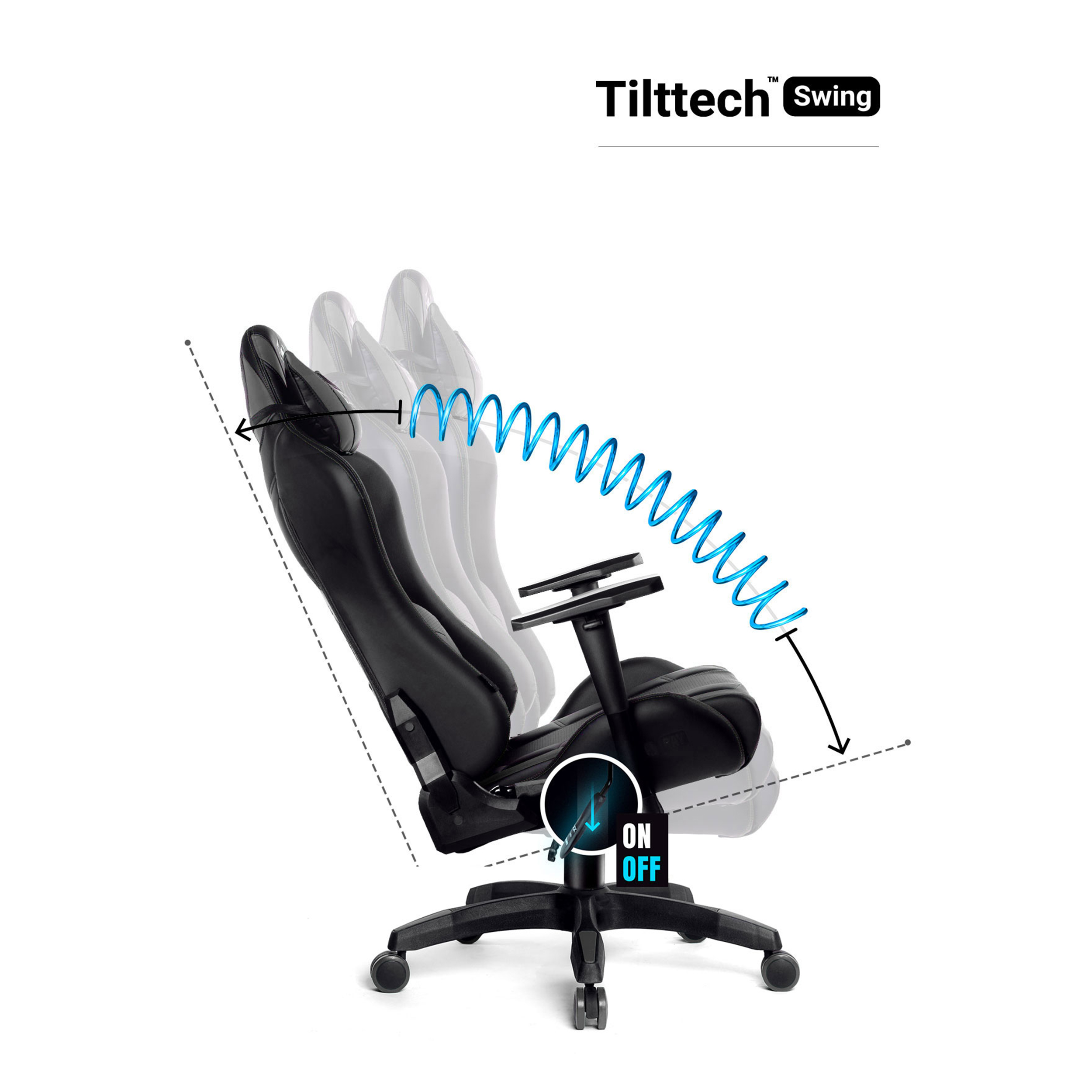 Schwarzer Gaming-Stuhl in Aktion, der Bewegung mit Federeffekt zeigt, auf weißem Hintergrund. Tilttech Swing Logo oben.