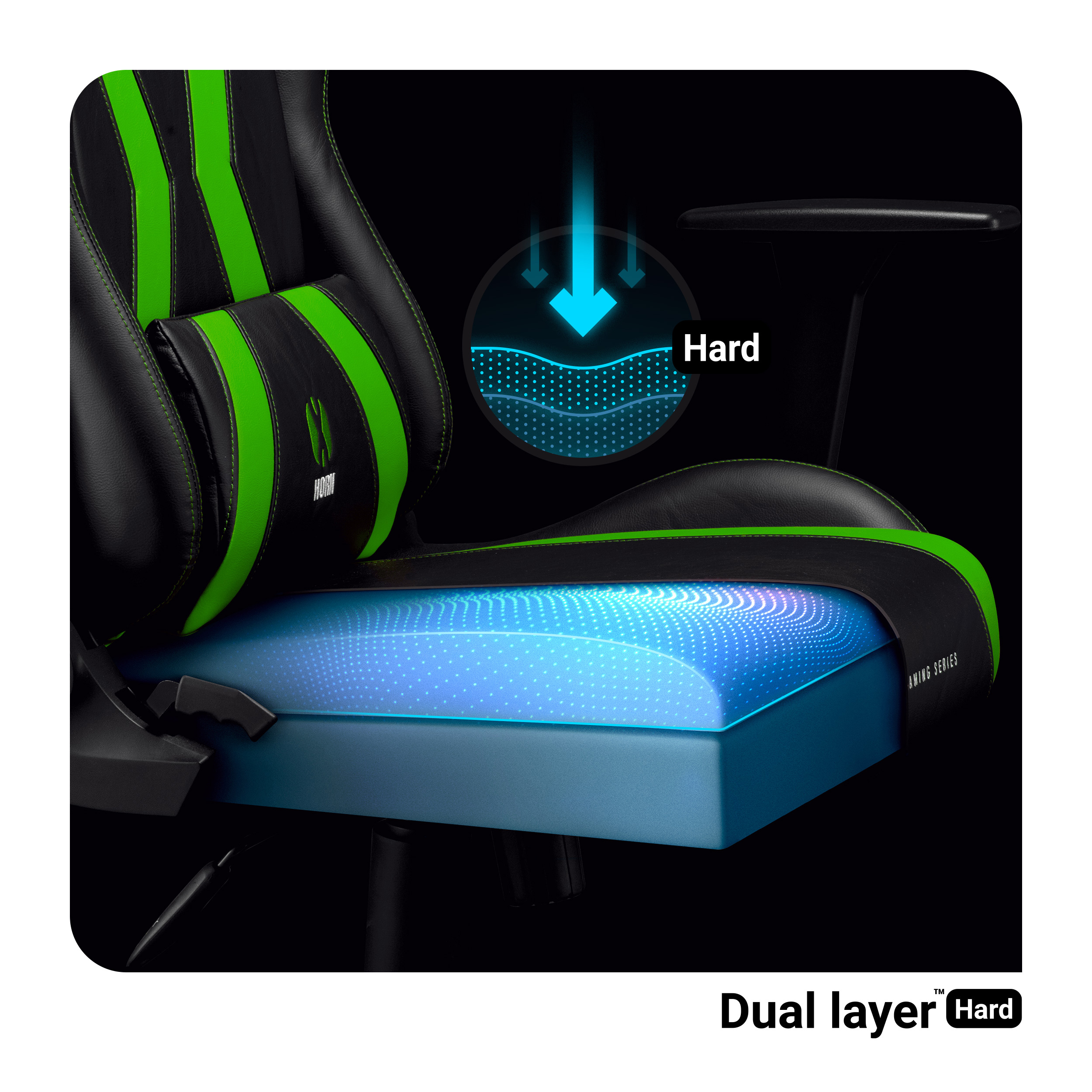 Krzesło gamingowe z zielonymi paskami i poduszką. Ma dwuwarstwową konstrukcję i czarną podstawę.