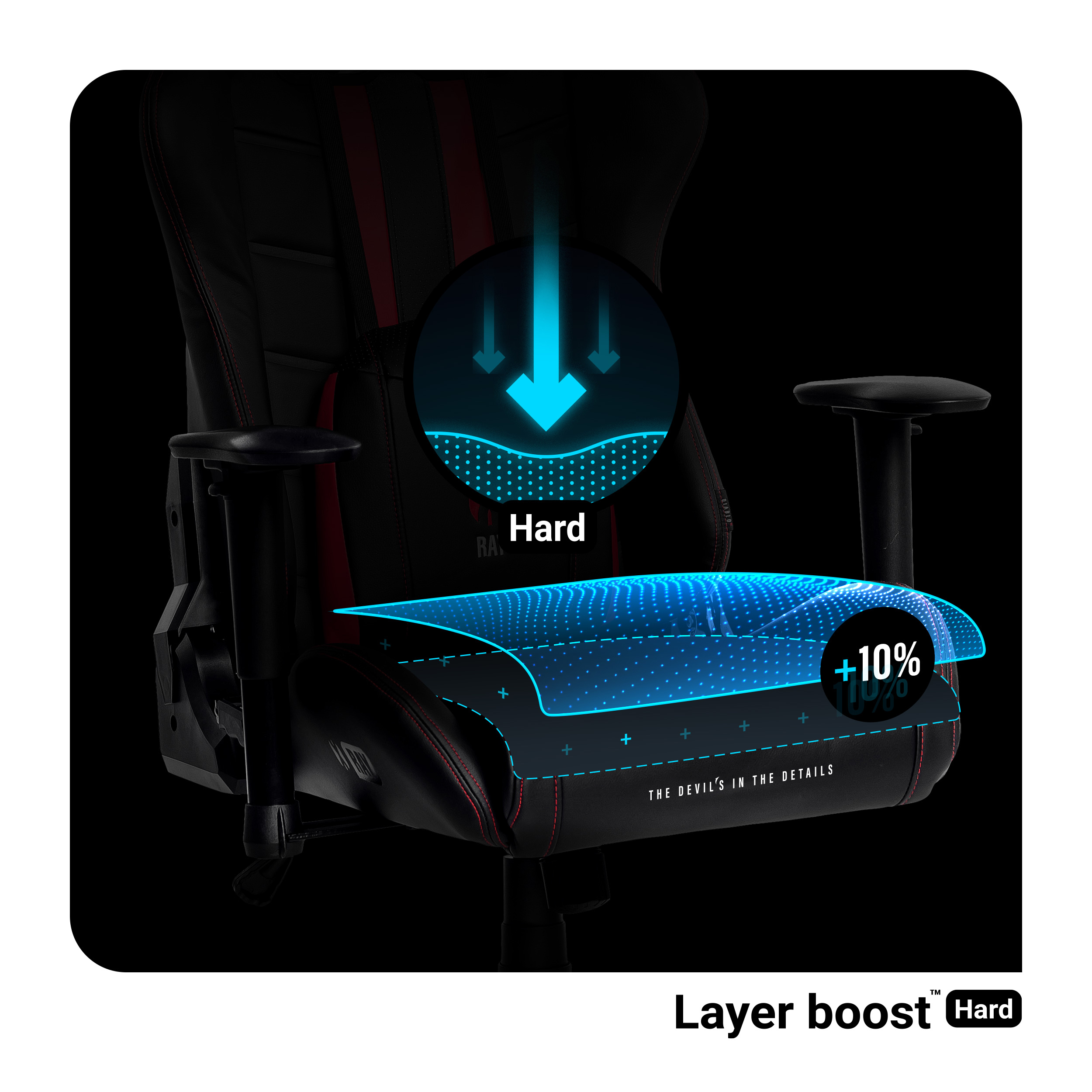 Krzesło do gier z grafiką hard layer boost podkreślającą design siedziska.