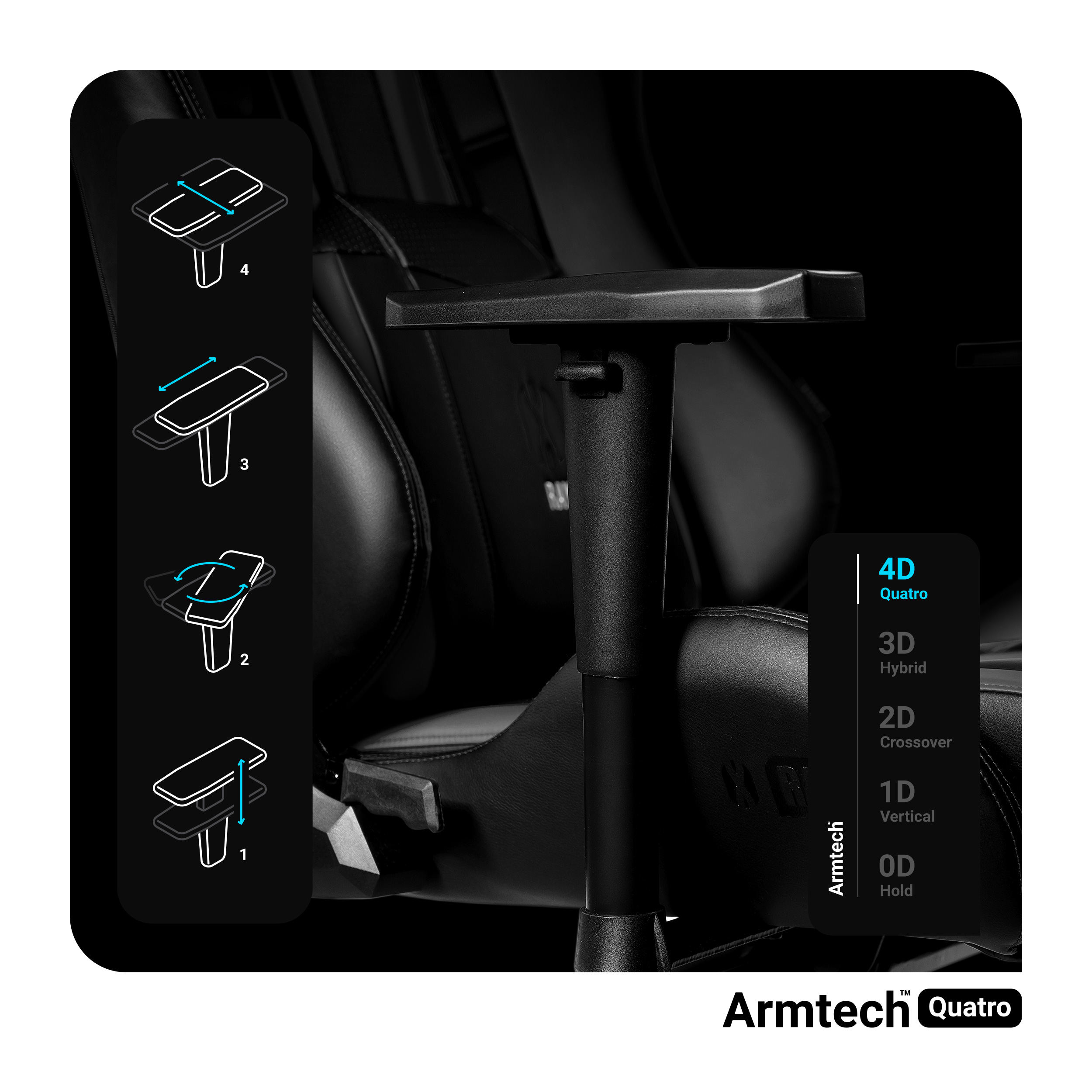 Diagram regulacji podłokietnika czarnego krzesła gamingowego, z tekstem i czarnym tłem.